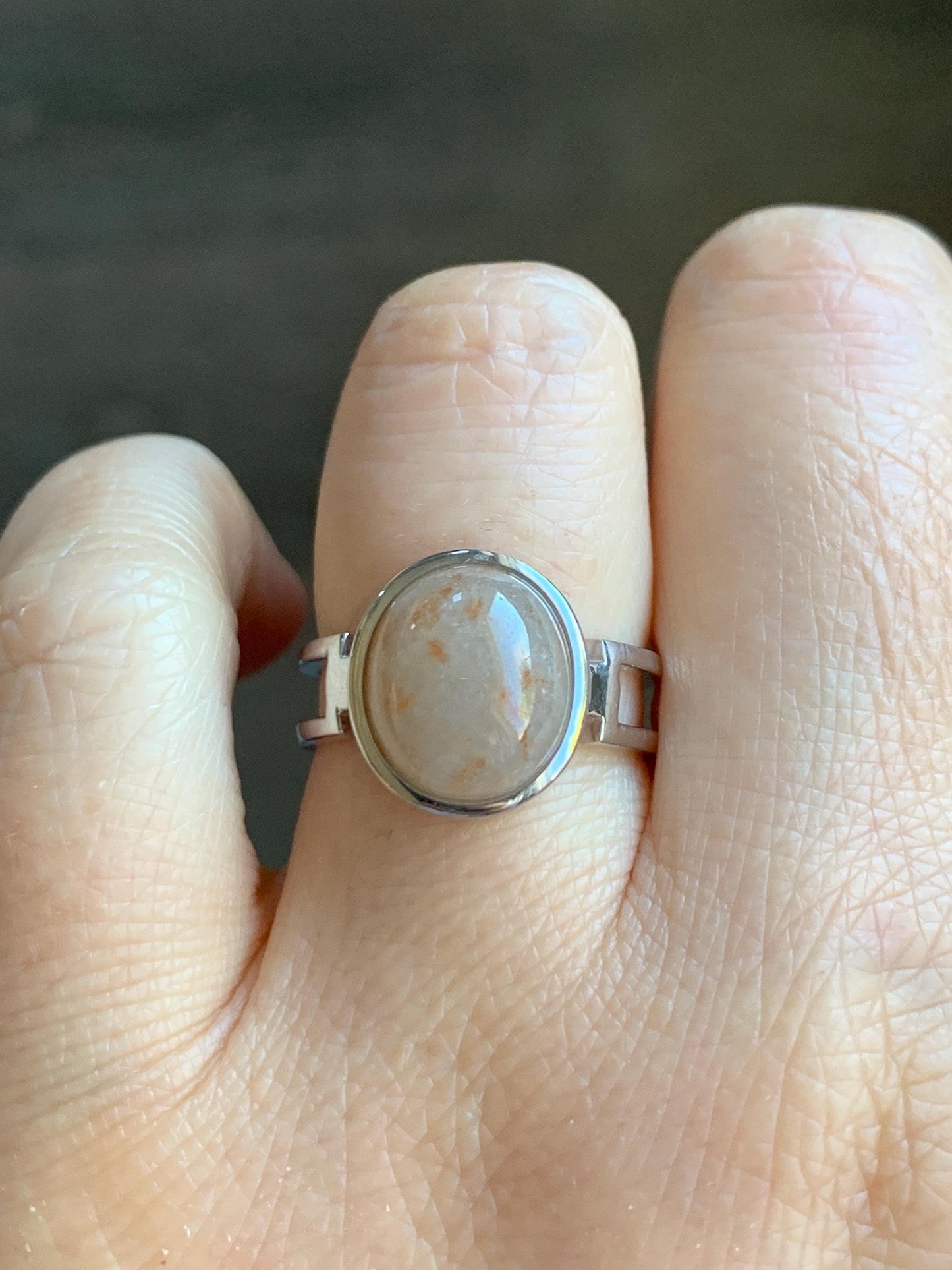 Certified Natural Grade A Icy Translucent Peachy & Orange Marbled Jadeite Oval Ring Sterling Silver size 7.25 US 4.5g 天然冰胶撒金翡翠镶嵌戒指 7388