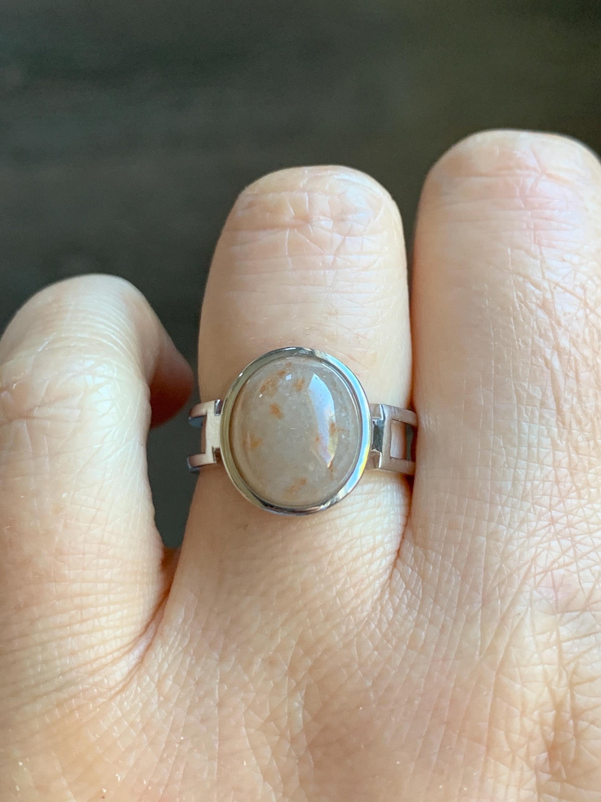 Certified Natural Grade A Icy Translucent Peachy & Orange Marbled Jadeite Oval Ring Sterling Silver size 7.25 US 4.5g 天然冰胶撒金翡翠镶嵌戒指 7388