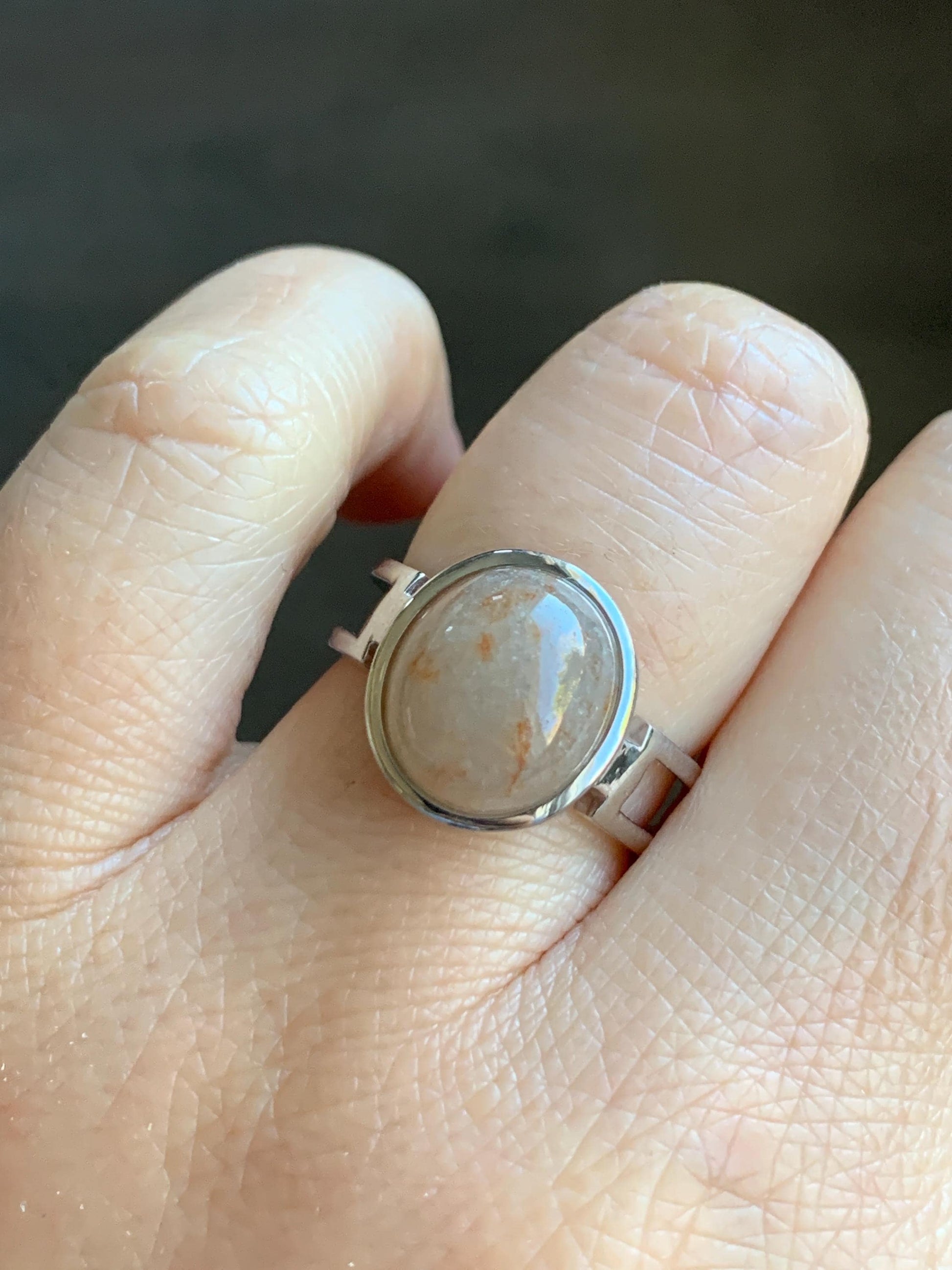 Certified Natural Grade A Icy Translucent Peachy & Orange Marbled Jadeite Oval Ring Sterling Silver size 7.25 US 4.5g 天然冰胶撒金翡翠镶嵌戒指 7388