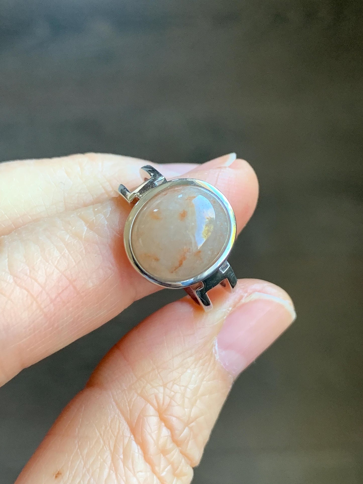 Certified Natural Grade A Icy Translucent Peachy & Orange Marbled Jadeite Oval Ring Sterling Silver size 7.25 US 4.5g 天然冰胶撒金翡翠镶嵌戒指 7388