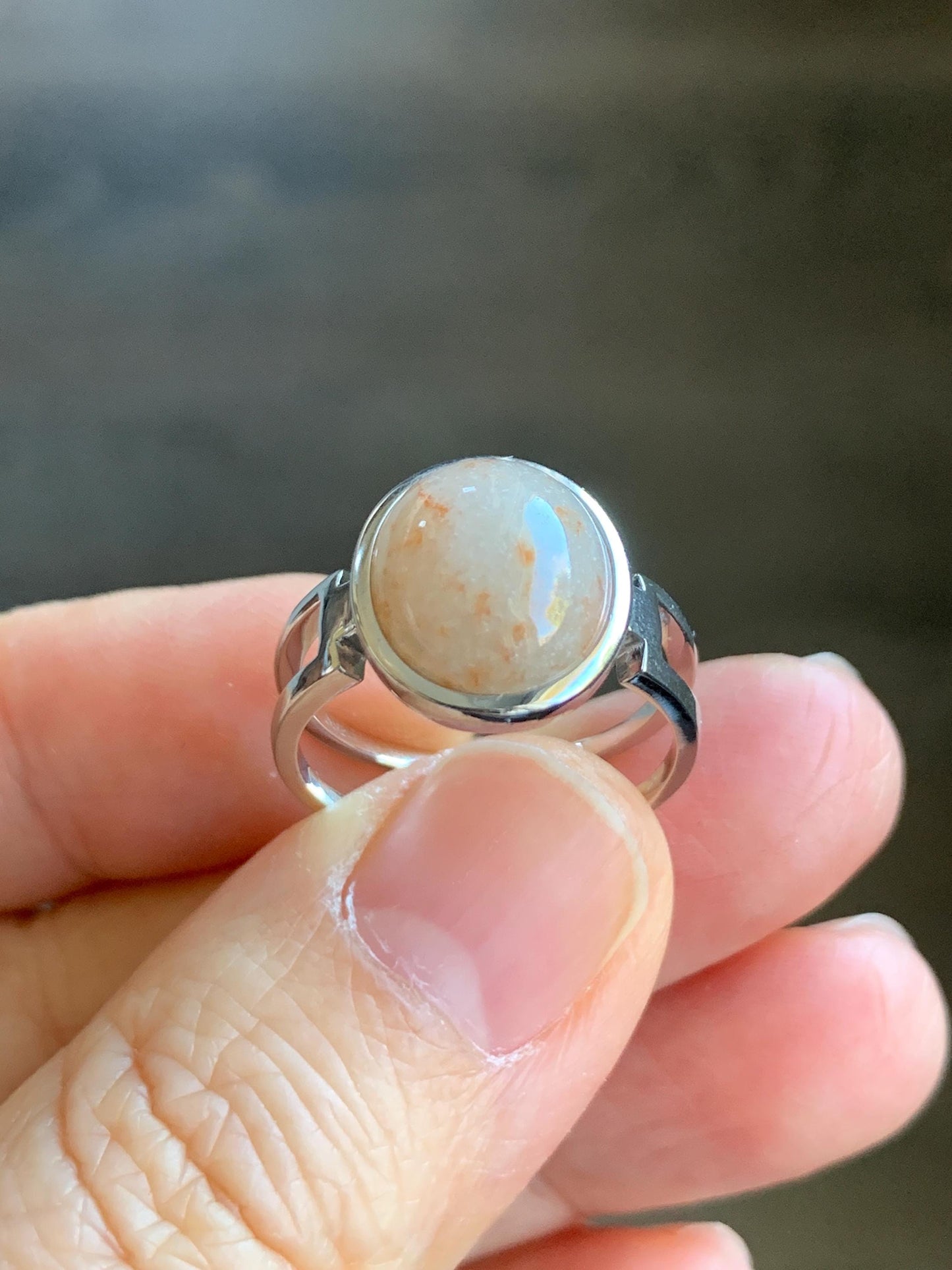 Certified Natural Grade A Icy Translucent Peachy & Orange Marbled Jadeite Oval Ring Sterling Silver size 7.25 US 4.5g 天然冰胶撒金翡翠镶嵌戒指 7388