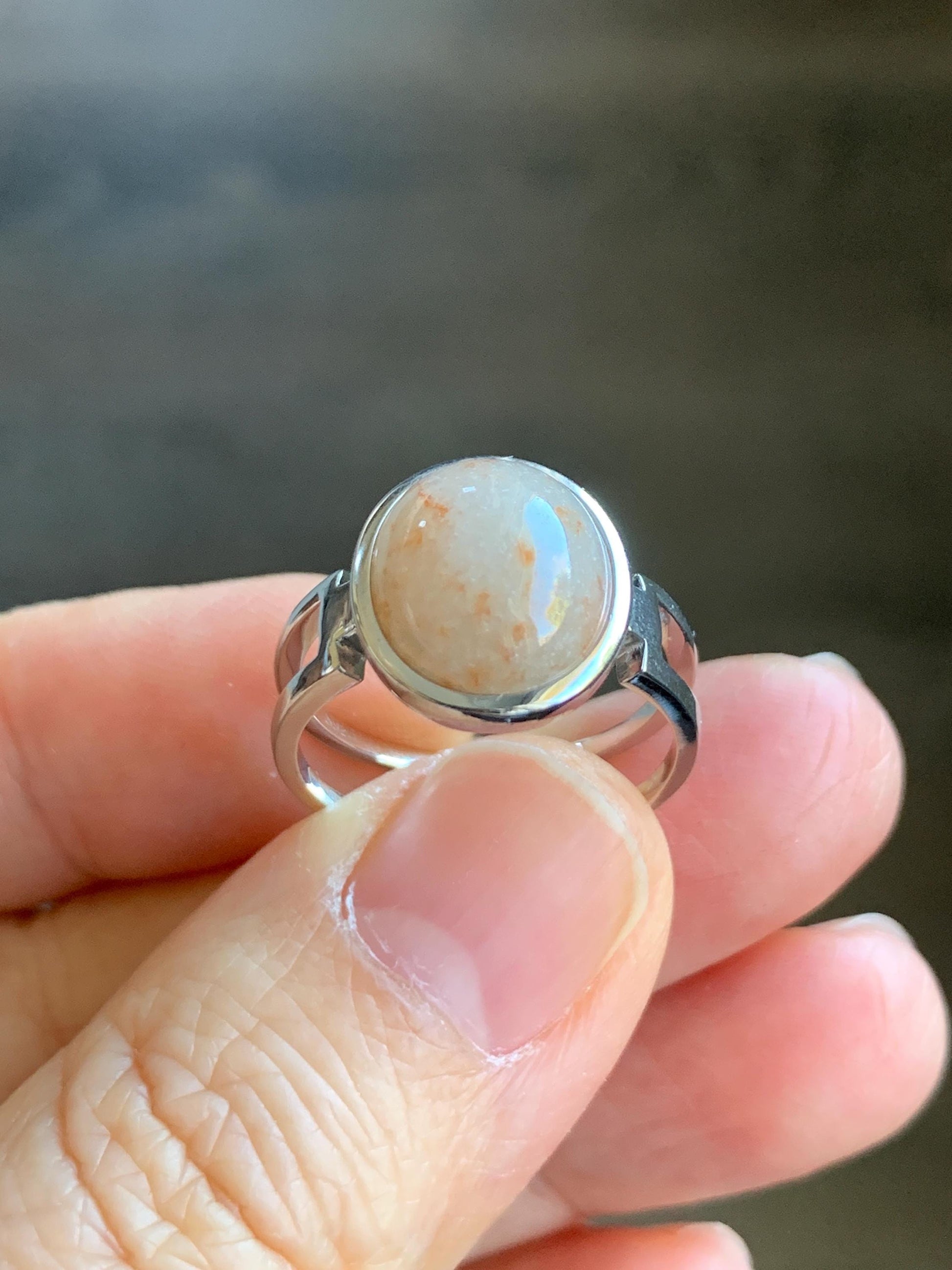 Certified Natural Grade A Icy Translucent Peachy & Orange Marbled Jadeite Oval Ring Sterling Silver size 7.25 US 4.5g 天然冰胶撒金翡翠镶嵌戒指 7388