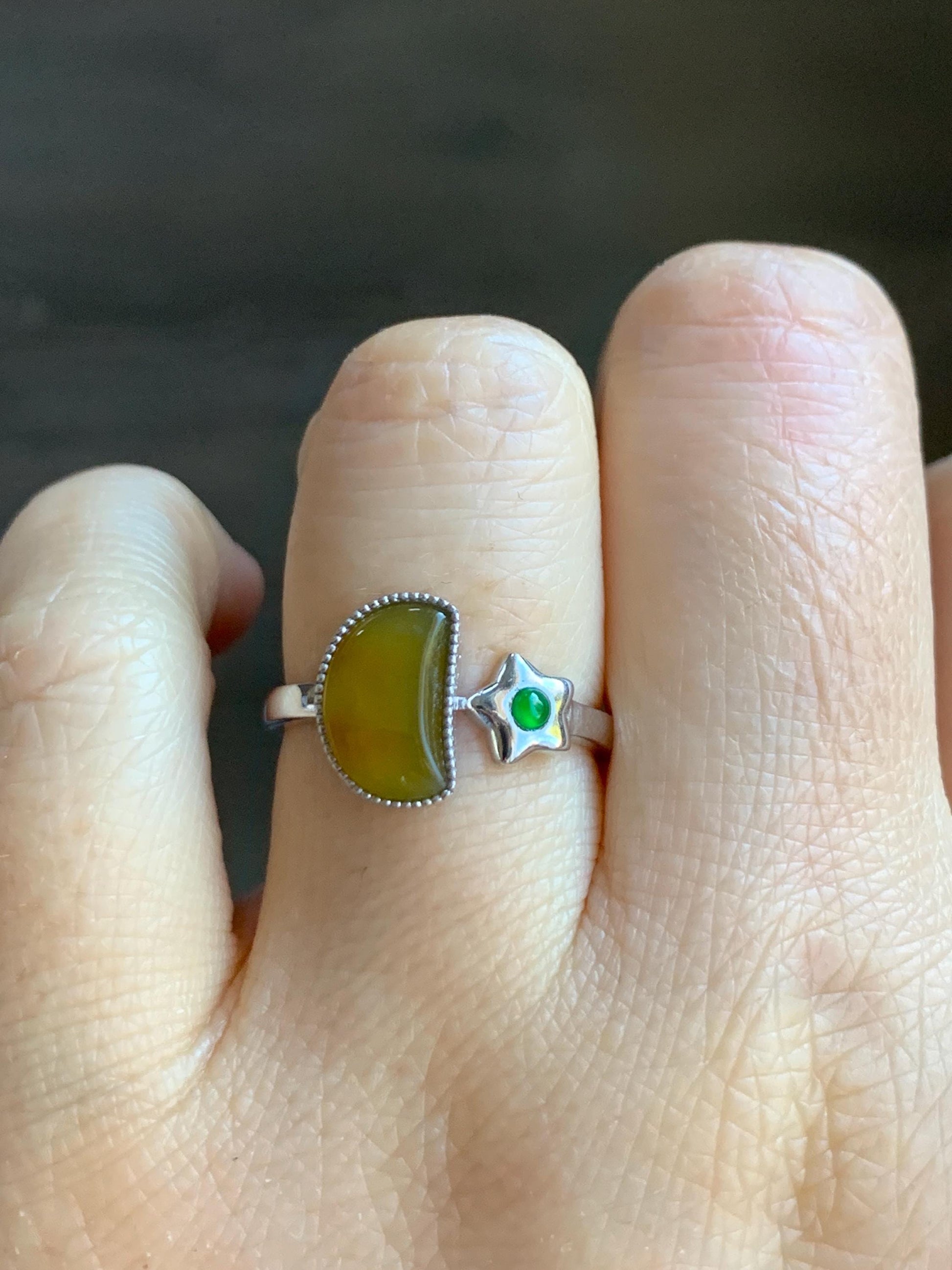 Certified Natural Grade A Icy Highly Translucent Yellow & Green Jadeite Moon Star Ring Sterling Silver size 7.25 US 天然冰黄危绿翡翠月亮星星镶嵌戒指 7407
