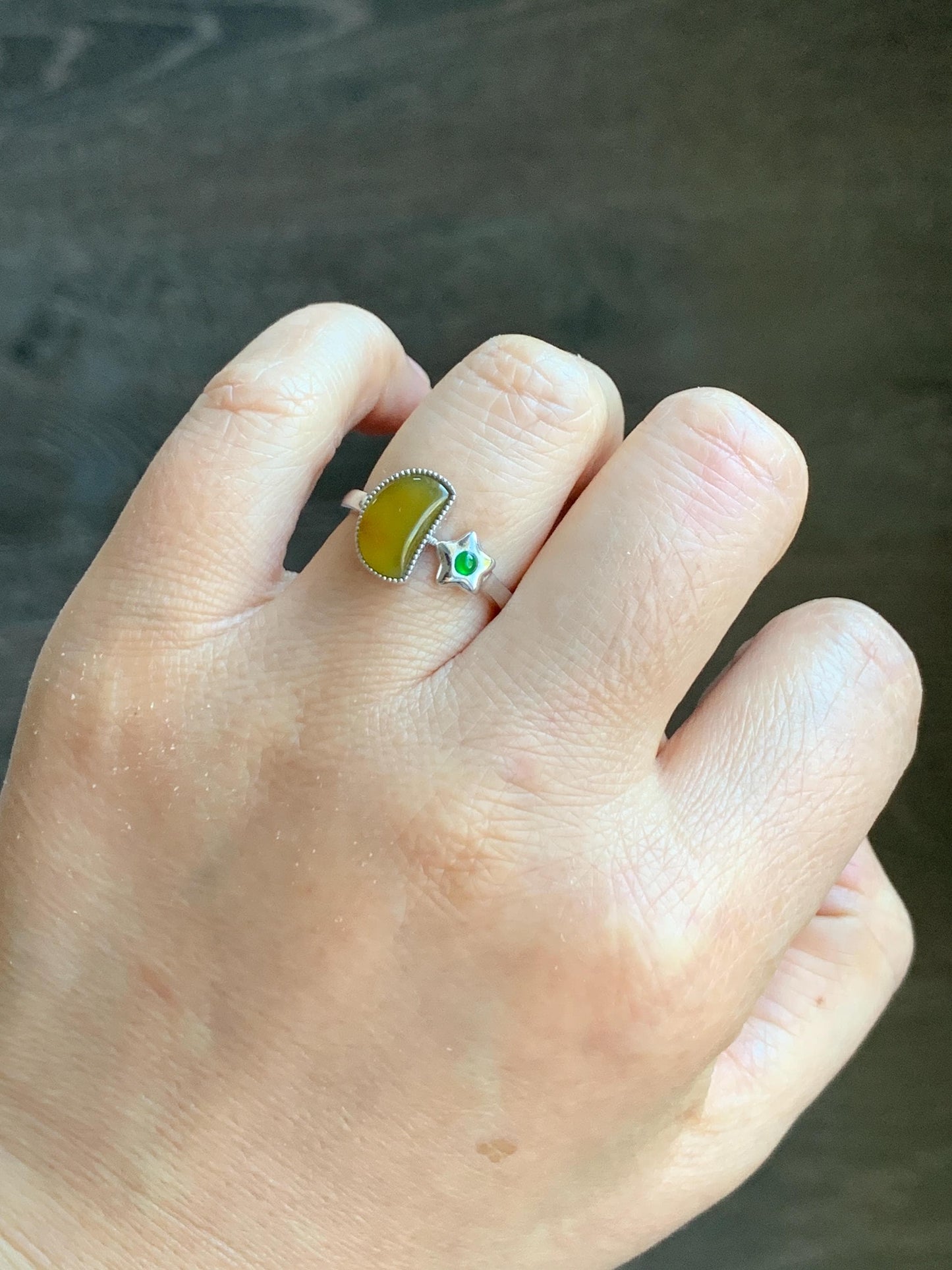 Certified Natural Grade A Icy Highly Translucent Yellow & Green Jadeite Moon Star Ring Sterling Silver size 7.25 US 天然冰黄危绿翡翠月亮星星镶嵌戒指 7407