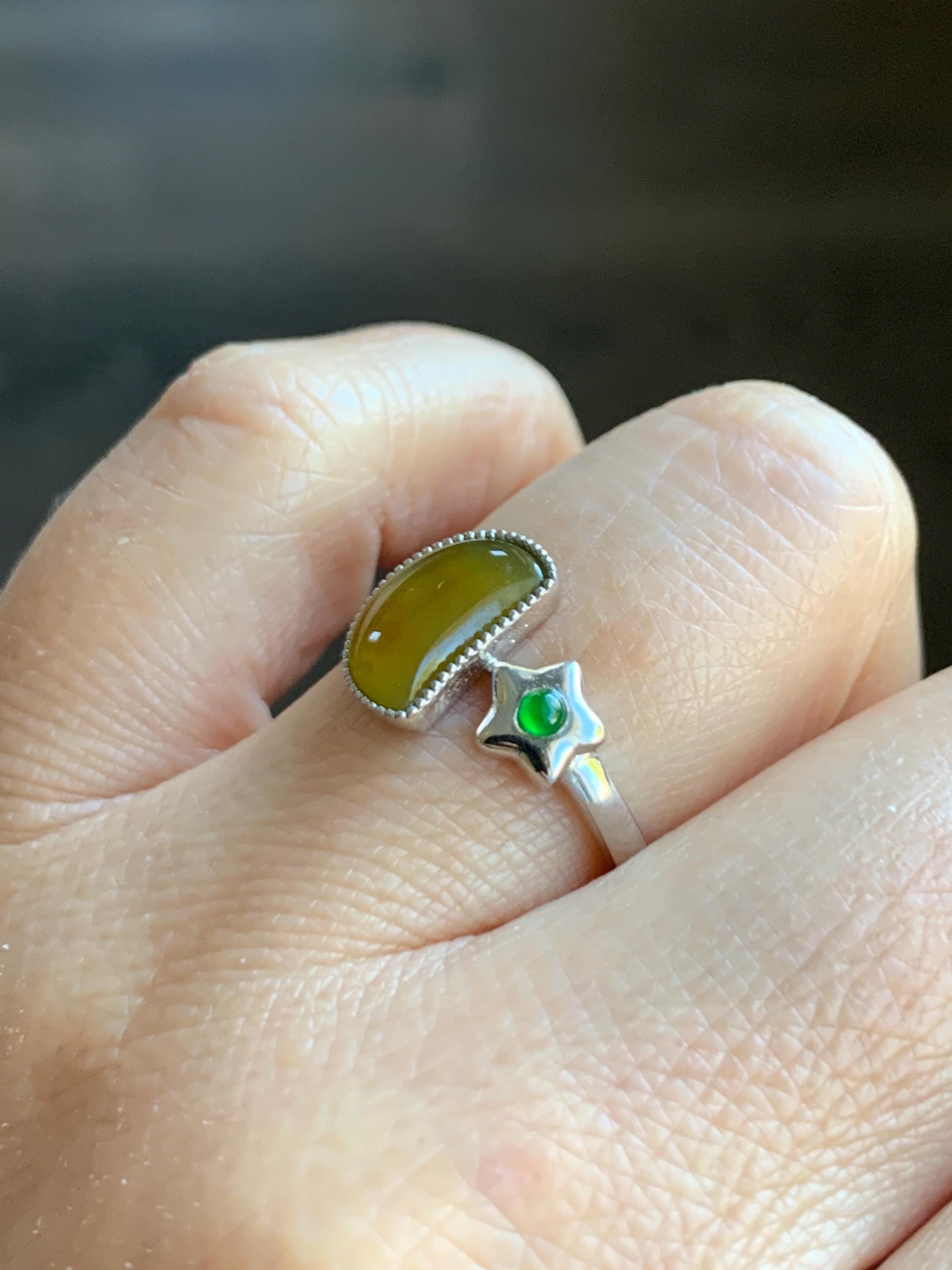 Certified Natural Grade A Icy Highly Translucent Yellow & Green Jadeite Moon Star Ring Sterling Silver size 7.25 US 天然冰黄危绿翡翠月亮星星镶嵌戒指 7407