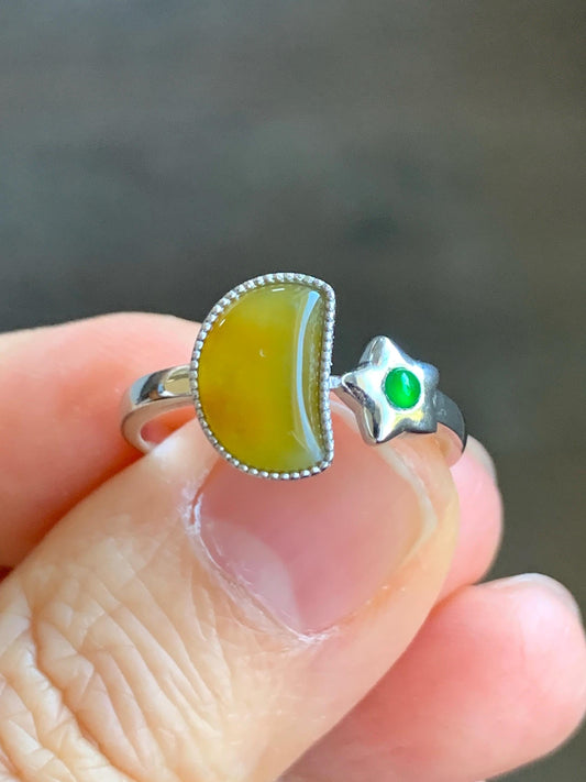 Certified Natural Grade A Icy Highly Translucent Yellow & Green Jadeite Moon Star Ring Sterling Silver size 7.25 US 天然冰黄危绿翡翠月亮星星镶嵌戒指 7407
