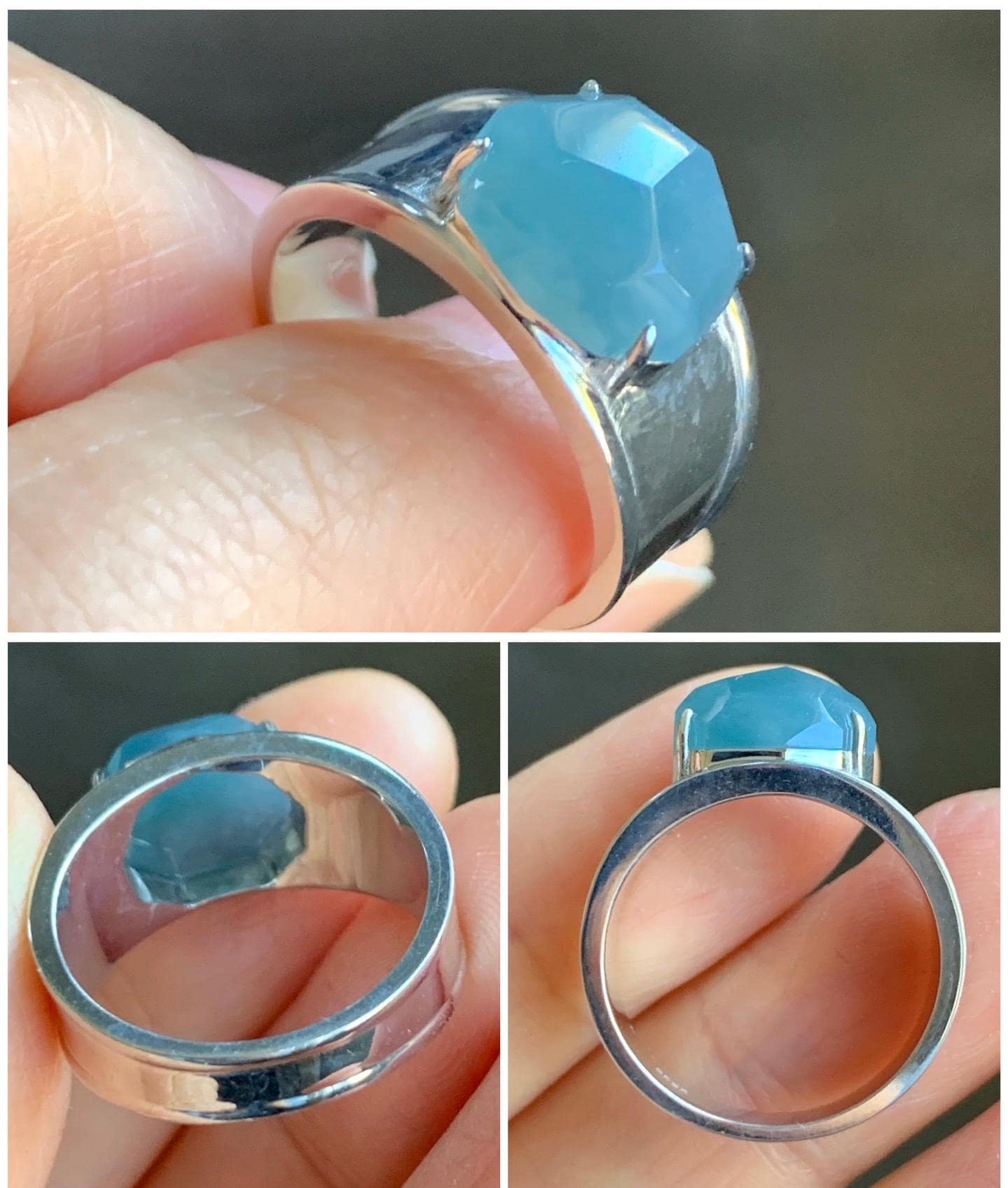 Certified Natural Garde A Icy Translucent Dusty Blue Faceted Jadeite Cabochon Ring Sterling Silver Size 7.25 US 6.2g 天然冰危深蓝切割面翡翠银镶戒指 7382