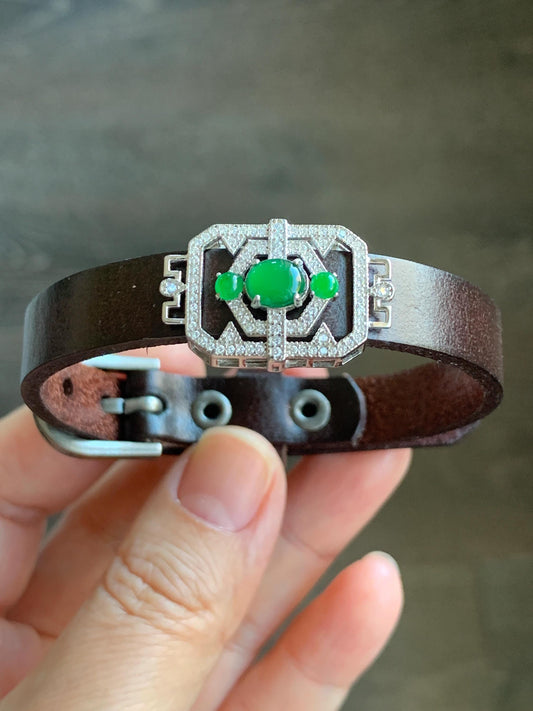 Natural Guatemalan Icy Translucent Vibrant Green Jadeite Buckle Bracelet Sterling Silver Adjustable 6”-8” 天然冰危绿翡翠银镶手牌手表镯