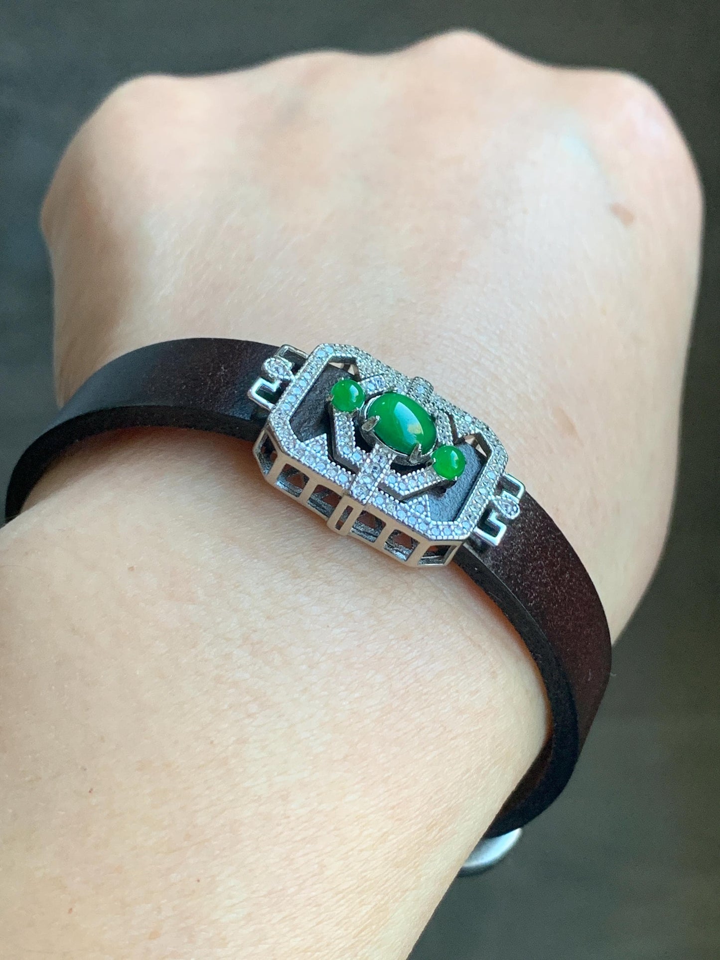 Natural Guatemalan Icy Translucent Vibrant Green Jadeite Buckle Bracelet Sterling Silver Adjustable 6”-8” 天然冰危绿翡翠银镶手牌手表镯