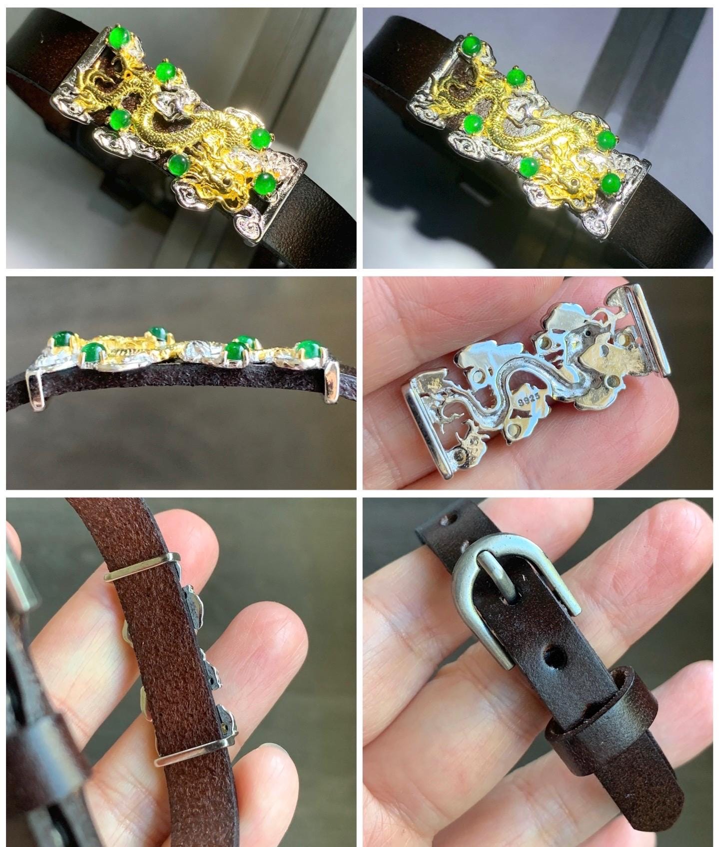 Natural Guatemalan Icy Translucent Vibrant Green Jadeite Dragon Buckle Bracelet Sterling Silver Adjustable 6”-8” 天然冰危绿翡翠银镶手牌手表镯