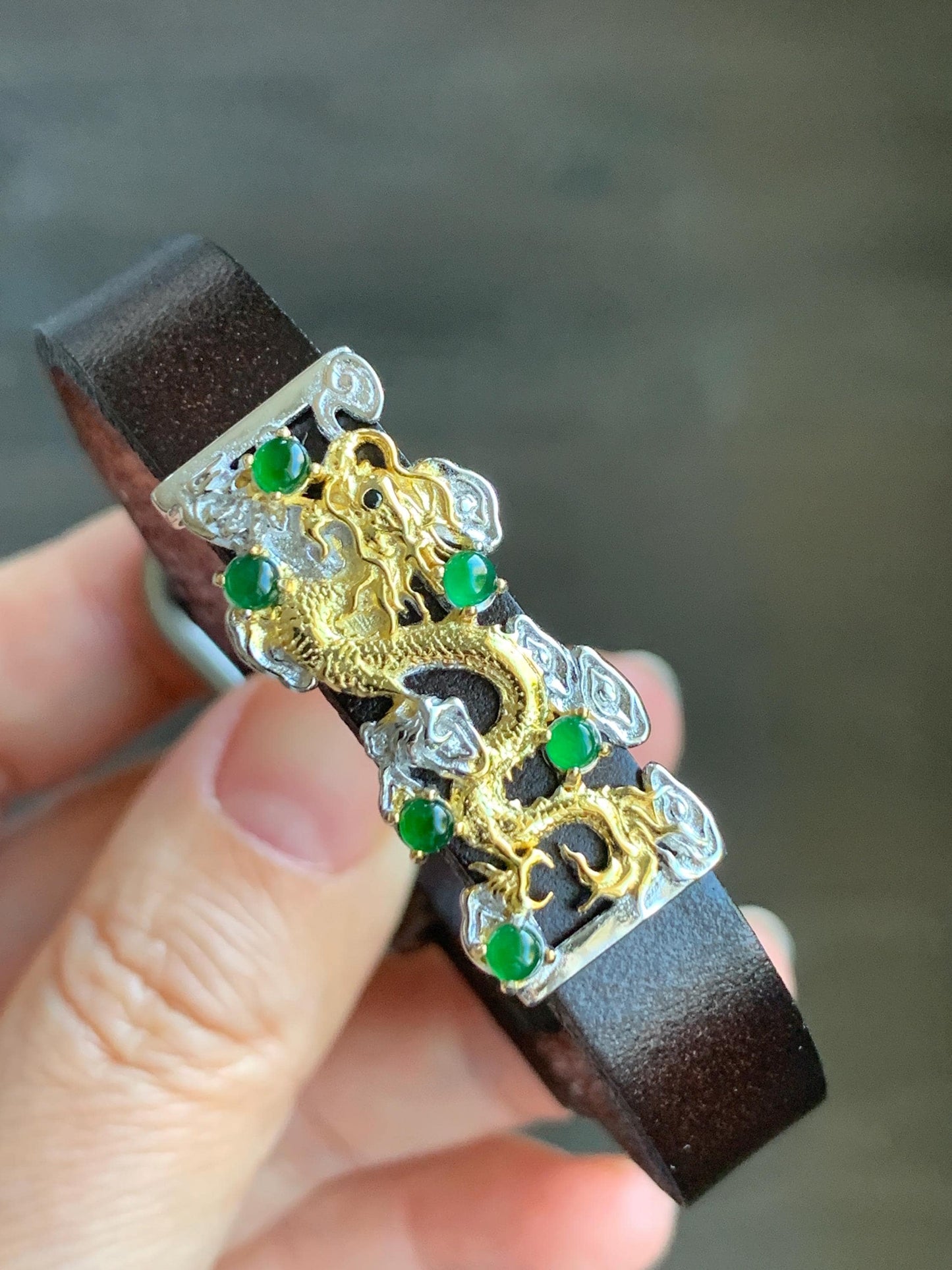 Natural Guatemalan Icy Translucent Vibrant Green Jadeite Dragon Buckle Bracelet Sterling Silver Adjustable 6”-8” 天然冰危绿翡翠银镶手牌手表镯