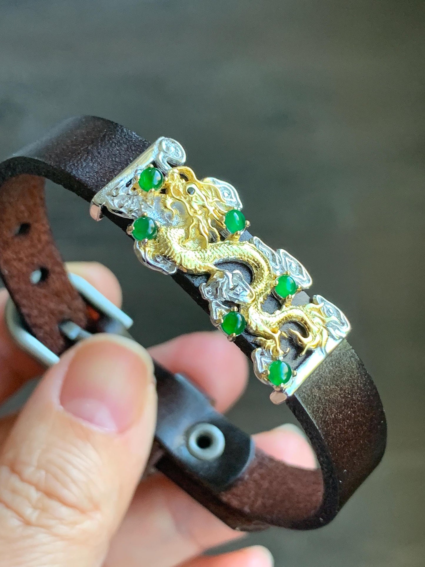 Natural Guatemalan Icy Translucent Vibrant Green Jadeite Dragon Buckle Bracelet Sterling Silver Adjustable 6”-8” 天然冰危绿翡翠银镶手牌手表镯