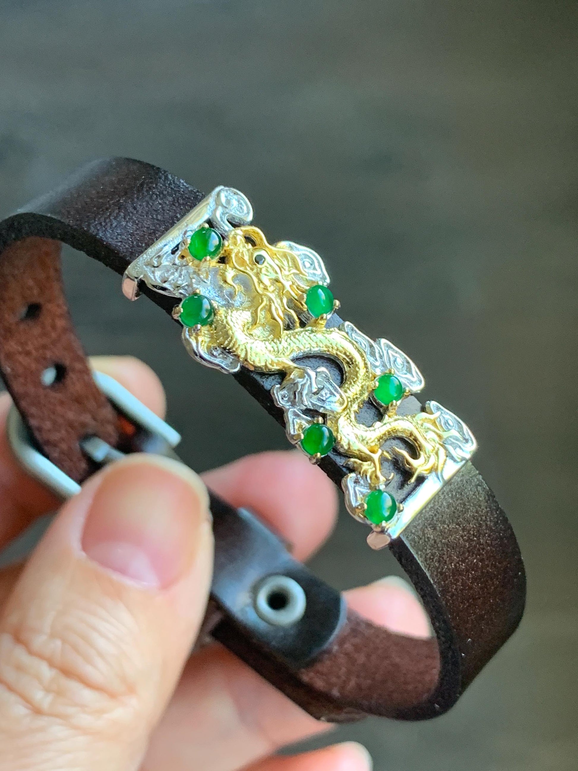 Natural Guatemalan Icy Translucent Vibrant Green Jadeite Dragon Buckle Bracelet Sterling Silver Adjustable 6”-8” 天然冰危绿翡翠银镶手牌手表镯
