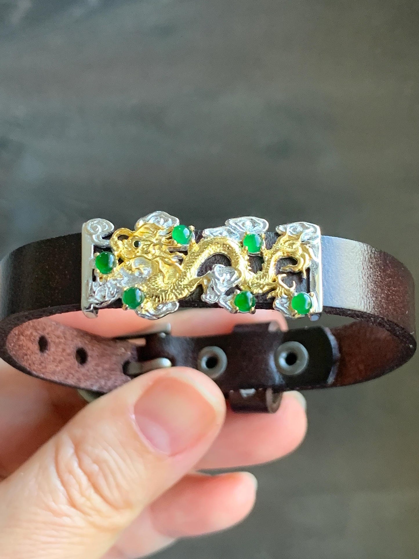 Natural Guatemalan Icy Translucent Vibrant Green Jadeite Dragon Buckle Bracelet Sterling Silver Adjustable 6”-8” 天然冰危绿翡翠银镶手牌手表镯