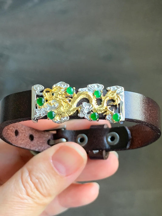Natural Guatemalan Icy Translucent Vibrant Green Jadeite Dragon Buckle Bracelet Sterling Silver Adjustable 6”-8” 天然冰危绿翡翠银镶手牌手表镯