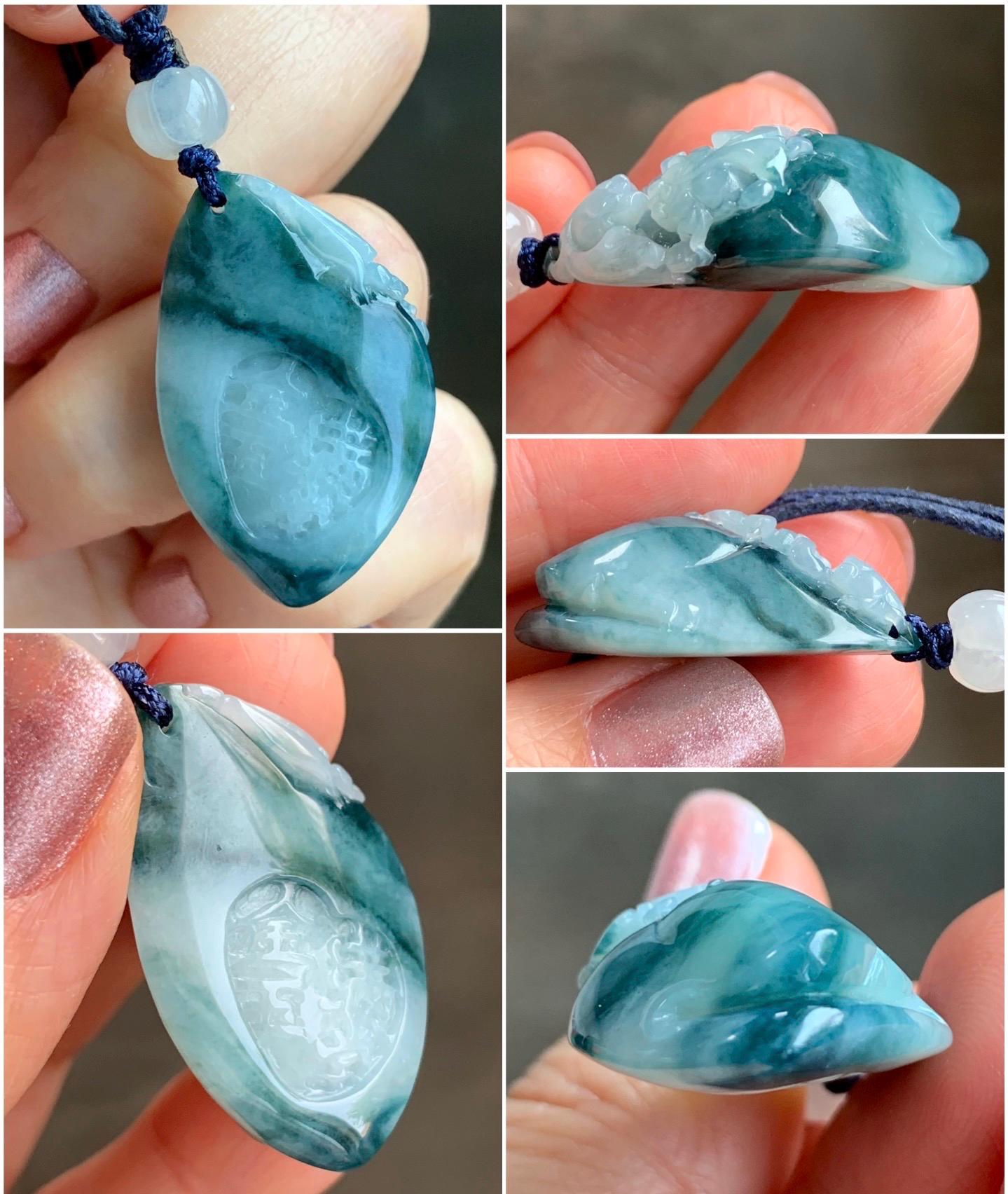 Certified Natural Burmese Icy Translucent Teal Blue Jadeite Carved Lotus Flower Goldfish Pendant Rope Necklace 30” 天然缅甸冰飘蓝花翡翠莲花鱼金玉满堂吊坠 7818