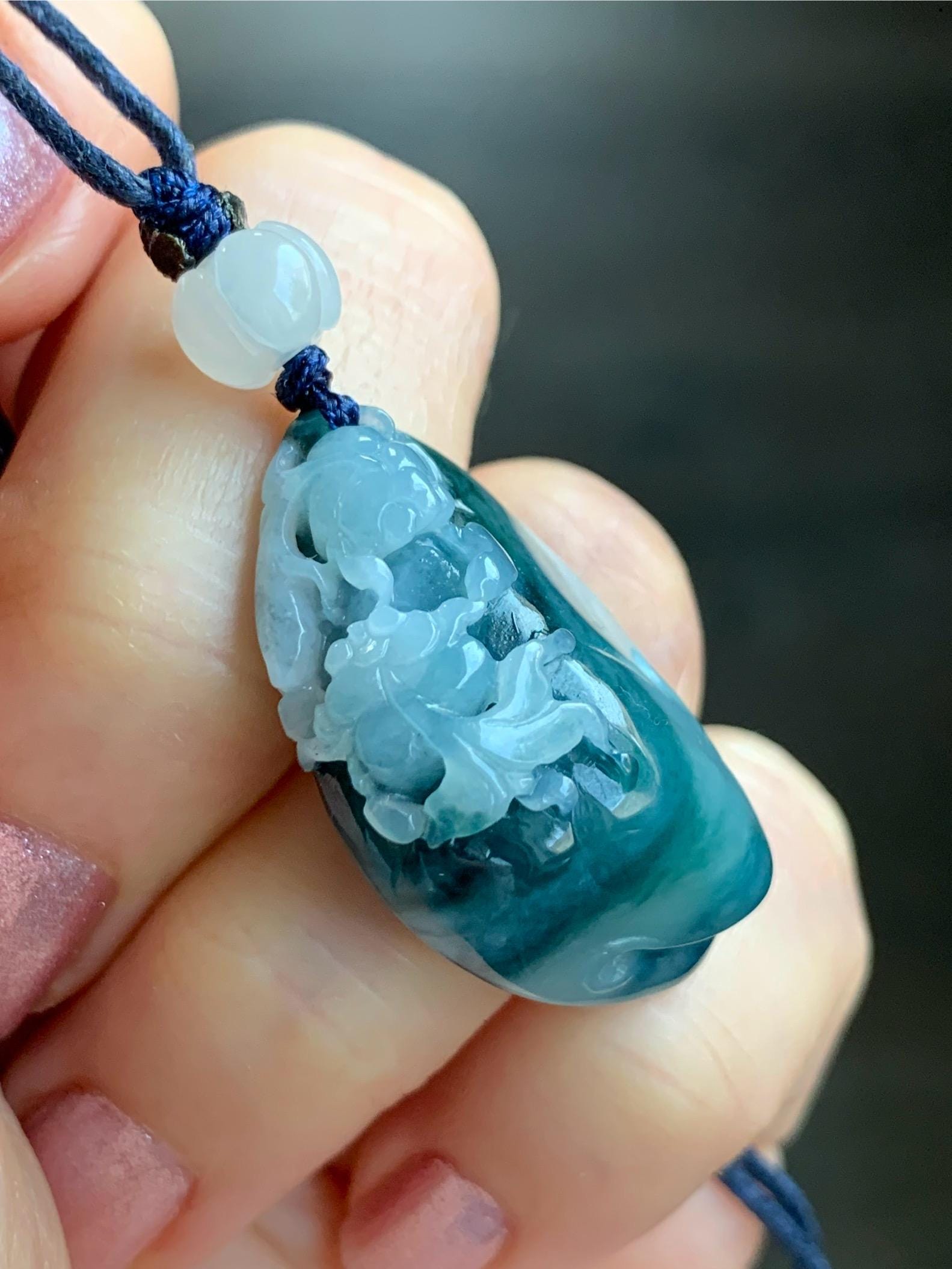 Certified Natural Burmese Icy Translucent Teal Blue Jadeite Carved Lotus Flower Goldfish Pendant Rope Necklace 30” 天然缅甸冰飘蓝花翡翠莲花鱼金玉满堂吊坠 7818
