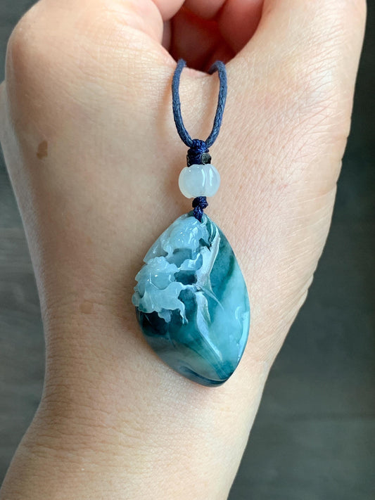 Certified Natural Burmese Icy Translucent Teal Blue Jadeite Carved Lotus Flower Goldfish Pendant Rope Necklace 30” 天然缅甸冰飘蓝花翡翠莲花鱼金玉满堂吊坠 7818