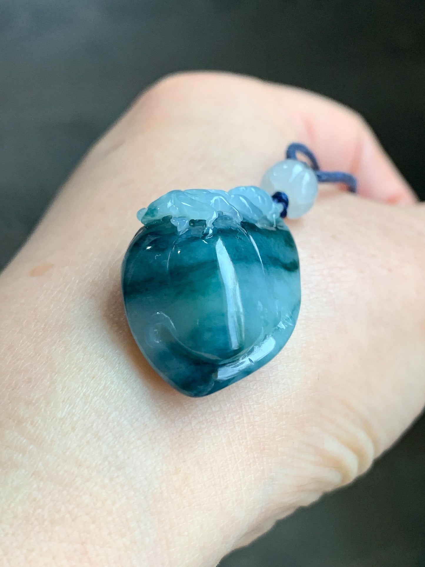 Certified Natural Burmese Icy Translucent Teal Blue Jadeite Carved Lotus Flower Goldfish Pendant Rope Necklace 30” 天然缅甸冰飘蓝花翡翠莲花鱼金玉满堂吊坠 7818