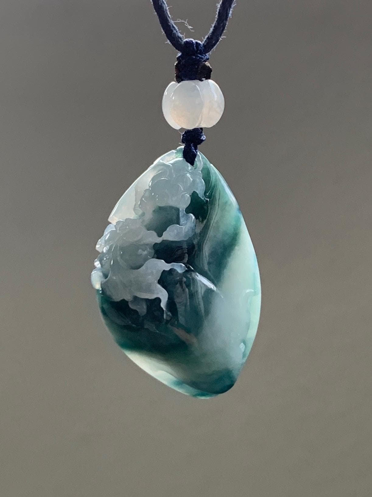 Certified Natural Burmese Icy Translucent Teal Blue Jadeite Carved Lotus Flower Goldfish Pendant Rope Necklace 30” 天然缅甸冰飘蓝花翡翠莲花鱼金玉满堂吊坠 7818