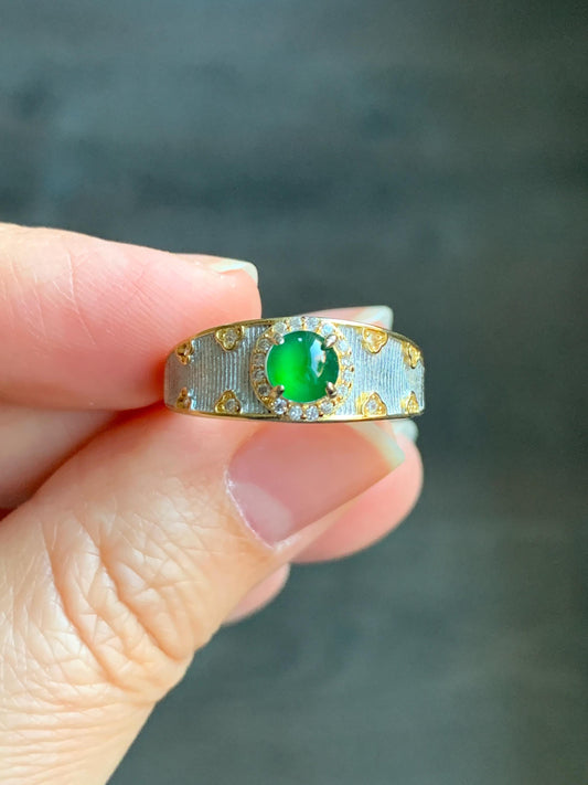 Natural Guatemalan Icy Translucent Vibrant Green Round Jadeite Band Style Ring S925 Sterling Silver Size 7 Adjustable 天然冰危绿翡翠银镶戒指 MLR120