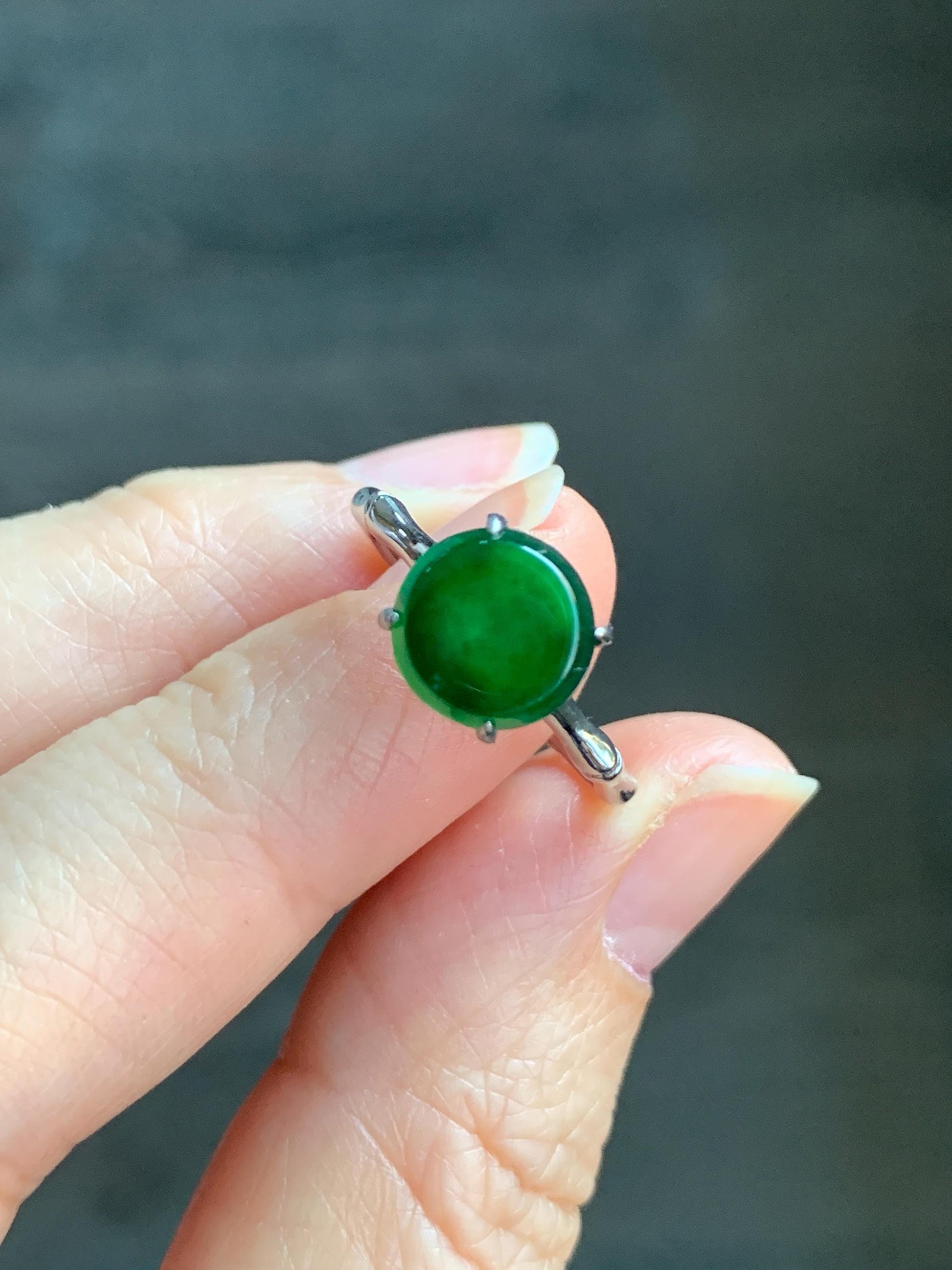 Natural Guatemalan Icy Translucent Vibrant Green Jadeite Solitaire Bamboo Ring Sterling Silver Size 7 Adjustable 天然冰危绿翡翠银镶竹节戒指 LZJ88
