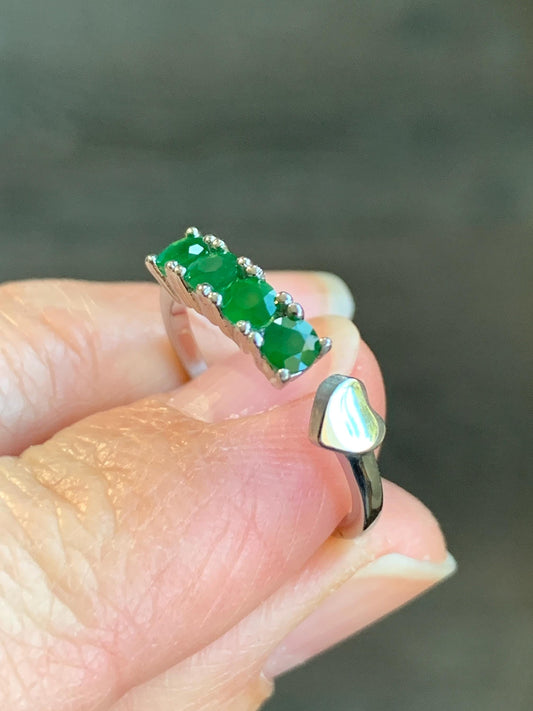 Natural Guatemalan Icy Translucent Vibrant Green 4-Stone Jadeite Diamond Faceted Open Band Ring Size 6 US Sterling Silver 天然冰危绿钻石翡翠镶嵌开口排戒