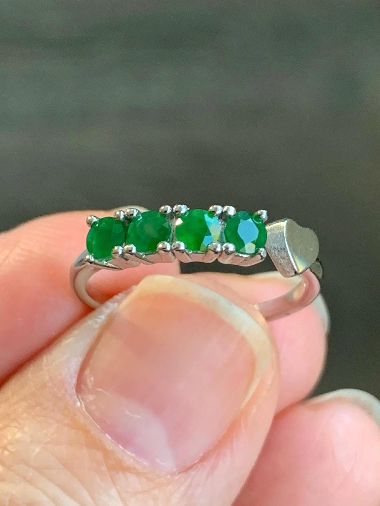 Natural Guatemalan Icy Translucent Vibrant Green 4-Stone Jadeite Diamond Faceted Open Band Ring Size 6 US Sterling Silver 天然冰危绿钻石翡翠镶嵌开口排戒