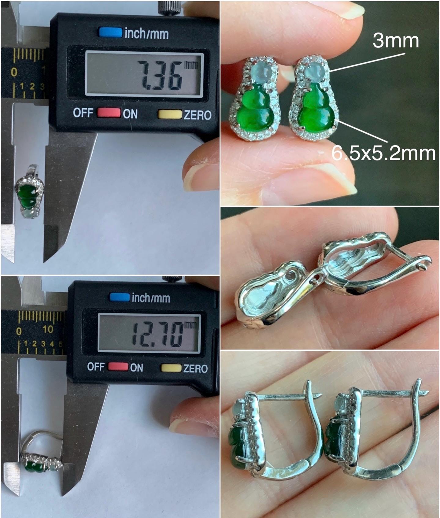 Natural Guatemalan Icy Translucent Vibrant Green & Light Blue Jadeite Hulu/Gourd Huggie Hoop Earrings Sterling Silver 天然冰危绿淡蓝翡翠葫芦银镶耳包