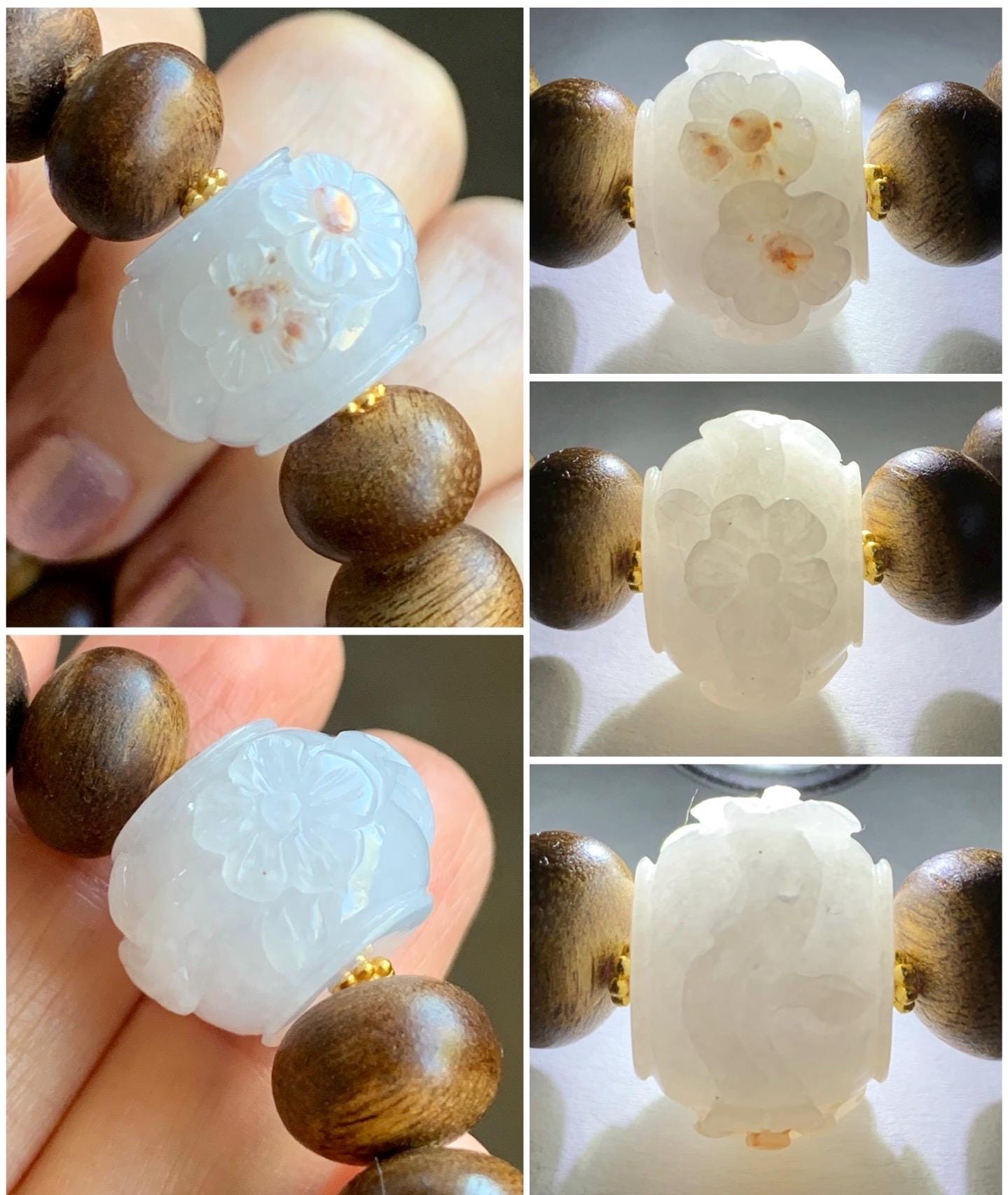 Natural Burmese Icy Translucent Red Marbled Jadeite Carved Cherry Blossom Drum Bead Agarwood Beads Beaded Bracelet 7” 天然缅甸冰粉底飘红翡翠梅花珠印尼沉香鼓珠手串