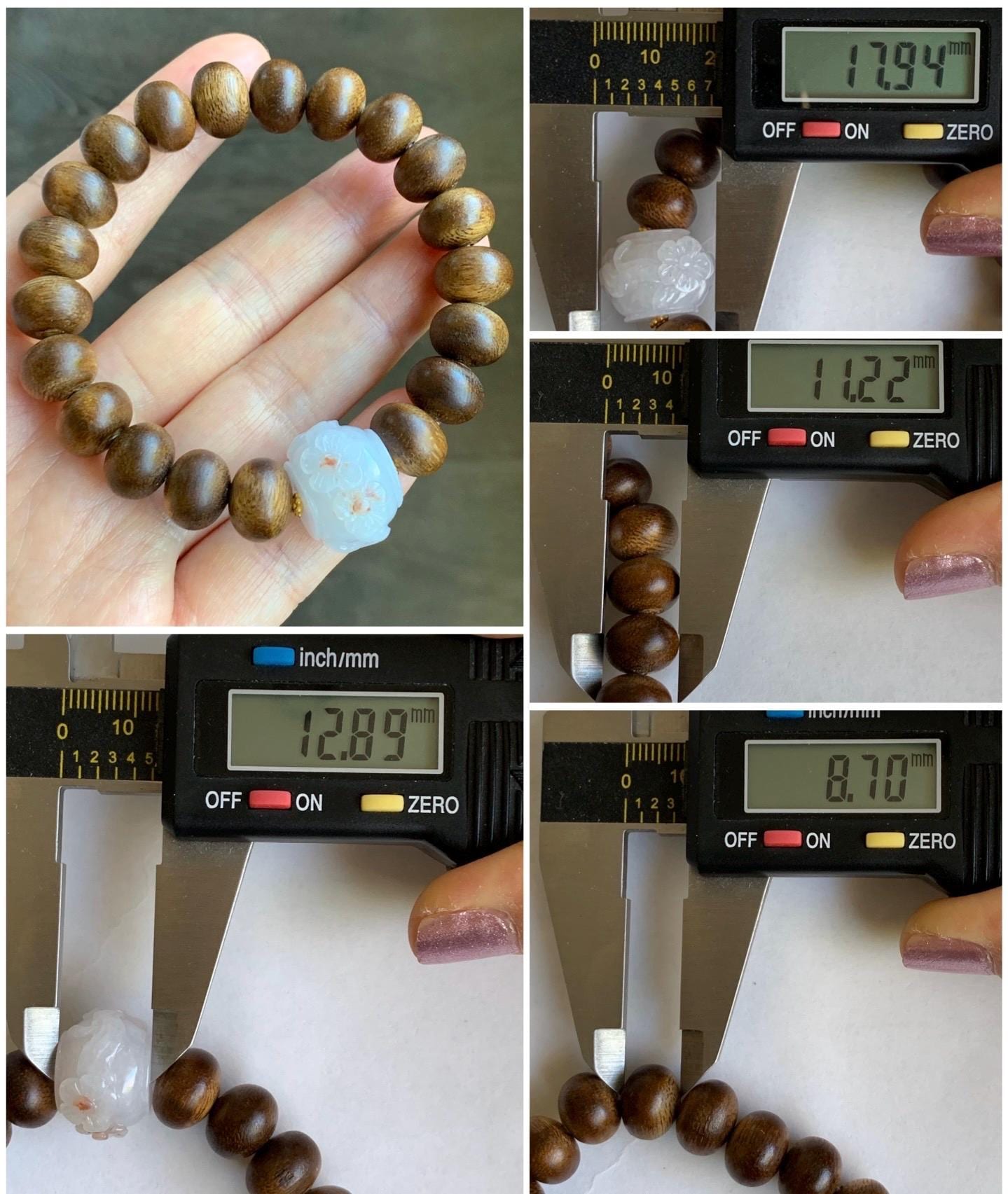 Natural Burmese Icy Translucent Red Marbled Jadeite Carved Cherry Blossom Drum Bead Agarwood Beads Beaded Bracelet 7” 天然缅甸冰粉底飘红翡翠梅花珠印尼沉香鼓珠手串