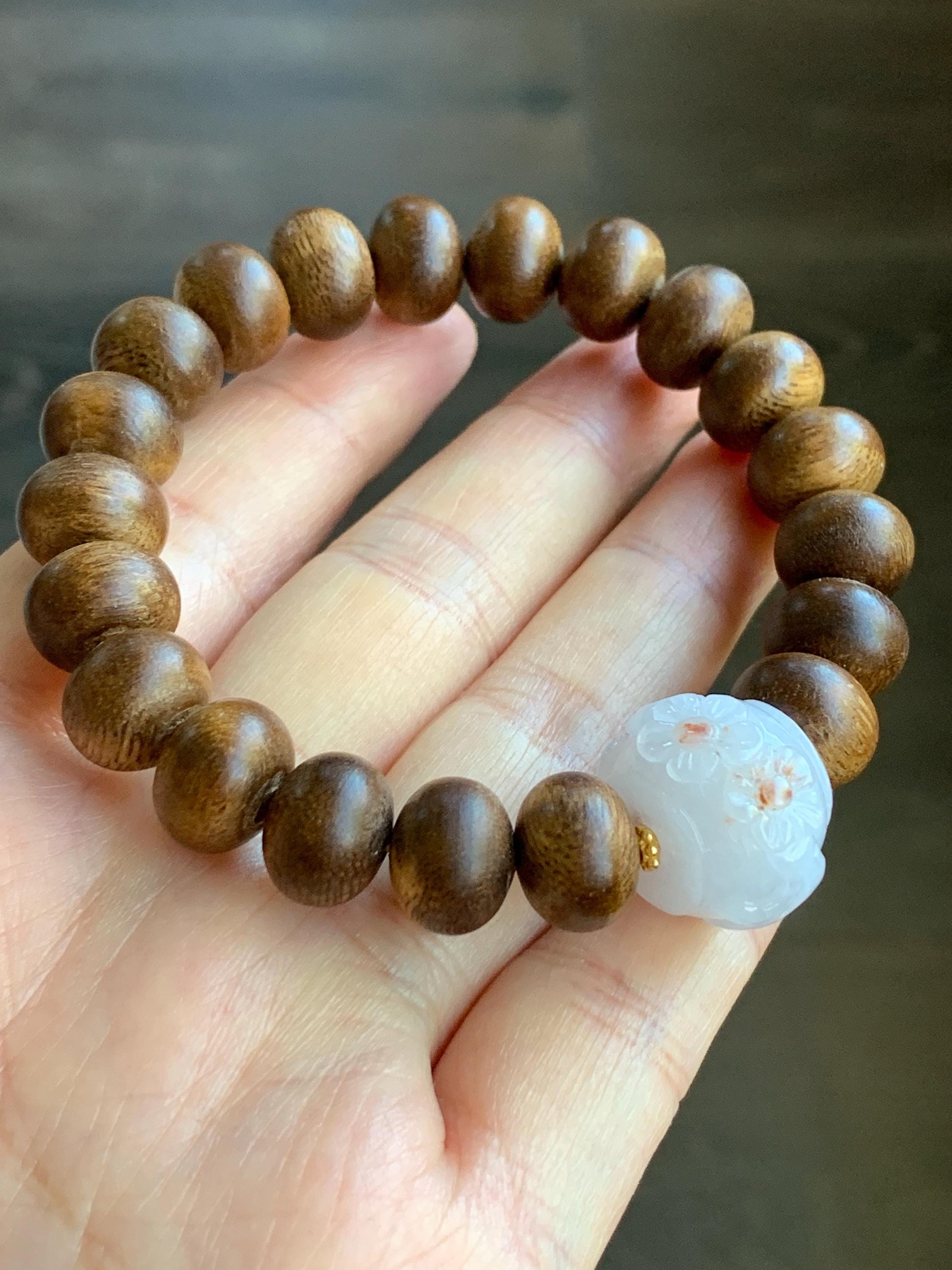 Natural Burmese Icy Translucent Red Marbled Jadeite Carved Cherry Blossom Drum Bead Agarwood Beads Beaded Bracelet 7” 天然缅甸冰粉底飘红翡翠梅花珠印尼沉香鼓珠手串
