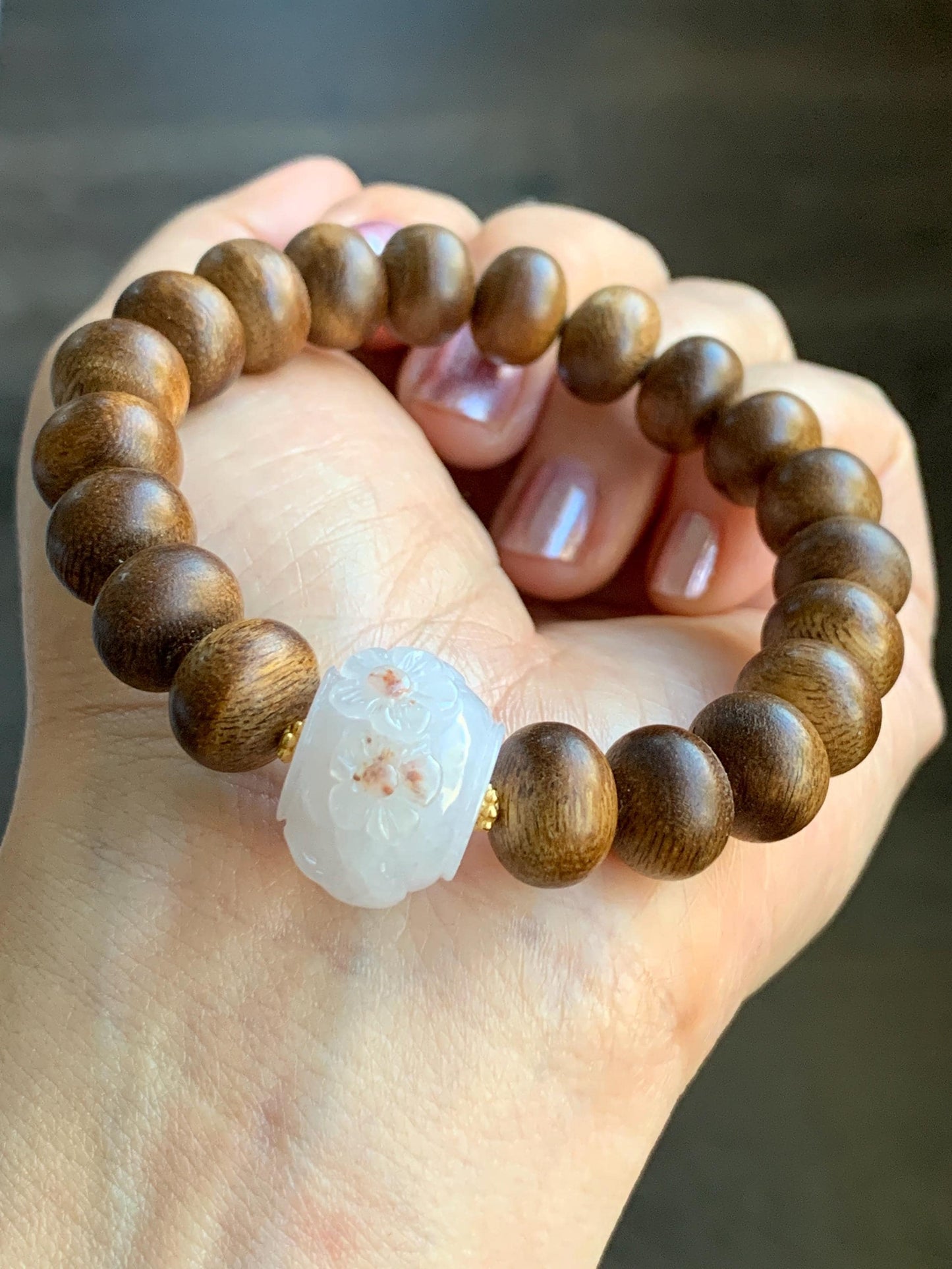 Natural Burmese Icy Translucent Red Marbled Jadeite Carved Cherry Blossom Drum Bead Agarwood Beads Beaded Bracelet 7” 天然缅甸冰粉底飘红翡翠梅花珠印尼沉香鼓珠手串