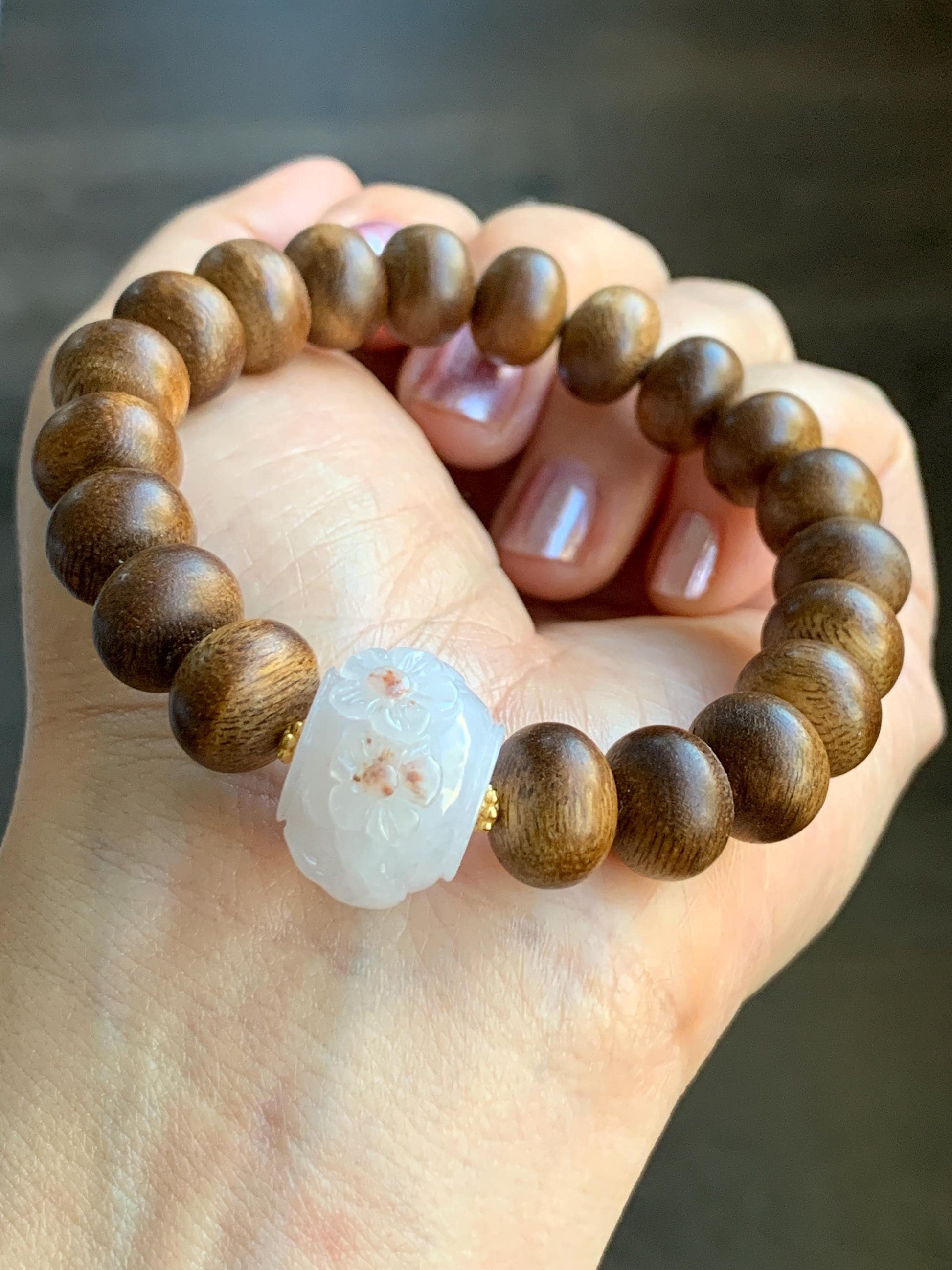 Natural Burmese Icy Translucent Red Marbled Jadeite Carved Cherry Blossom Drum Bead Agarwood Beads Beaded Bracelet 7” 天然缅甸冰粉底飘红翡翠梅花珠印尼沉香鼓珠手串