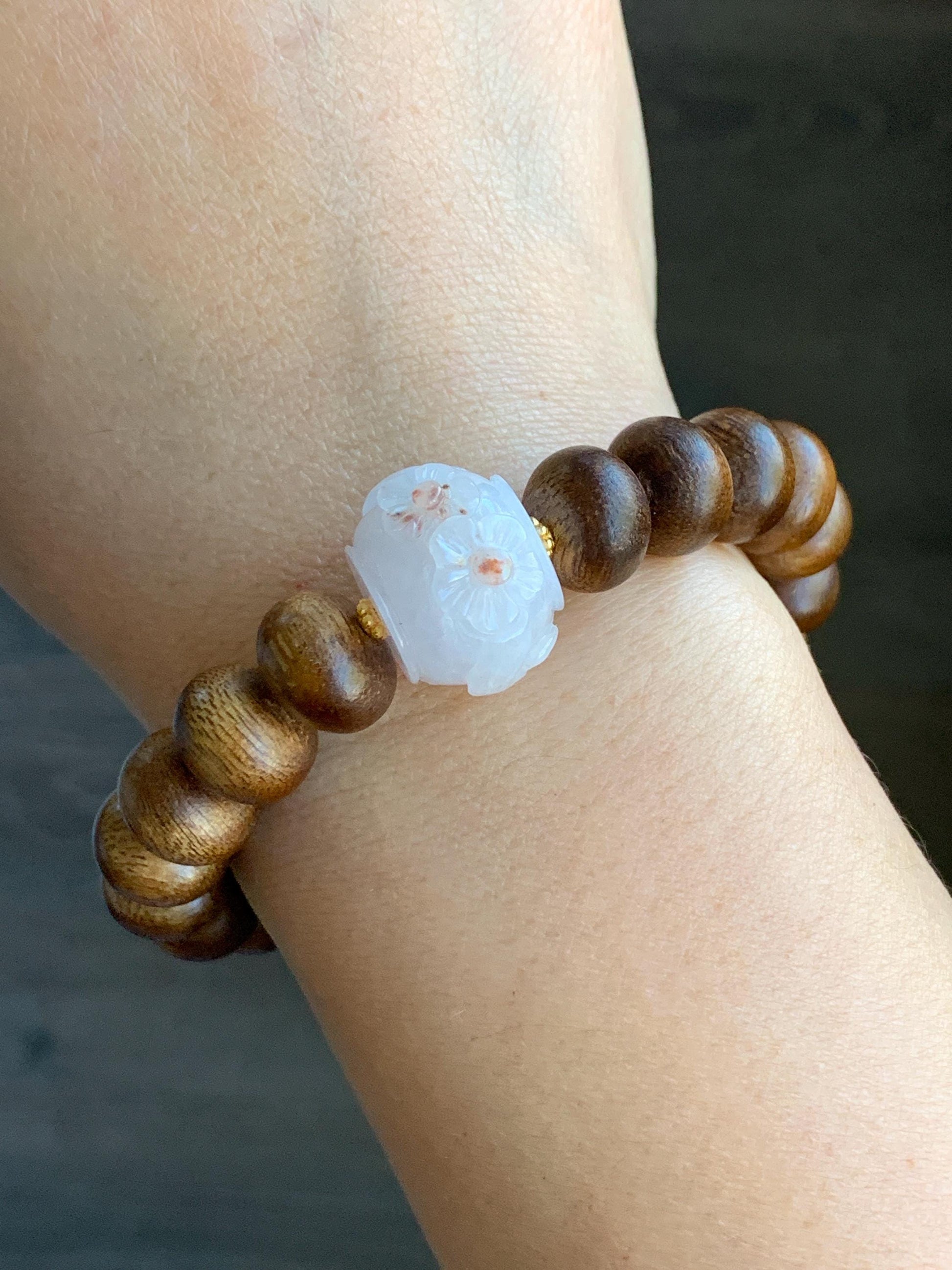 Natural Burmese Icy Translucent Red Marbled Jadeite Carved Cherry Blossom Drum Bead Agarwood Beads Beaded Bracelet 7” 天然缅甸冰粉底飘红翡翠梅花珠印尼沉香鼓珠手串