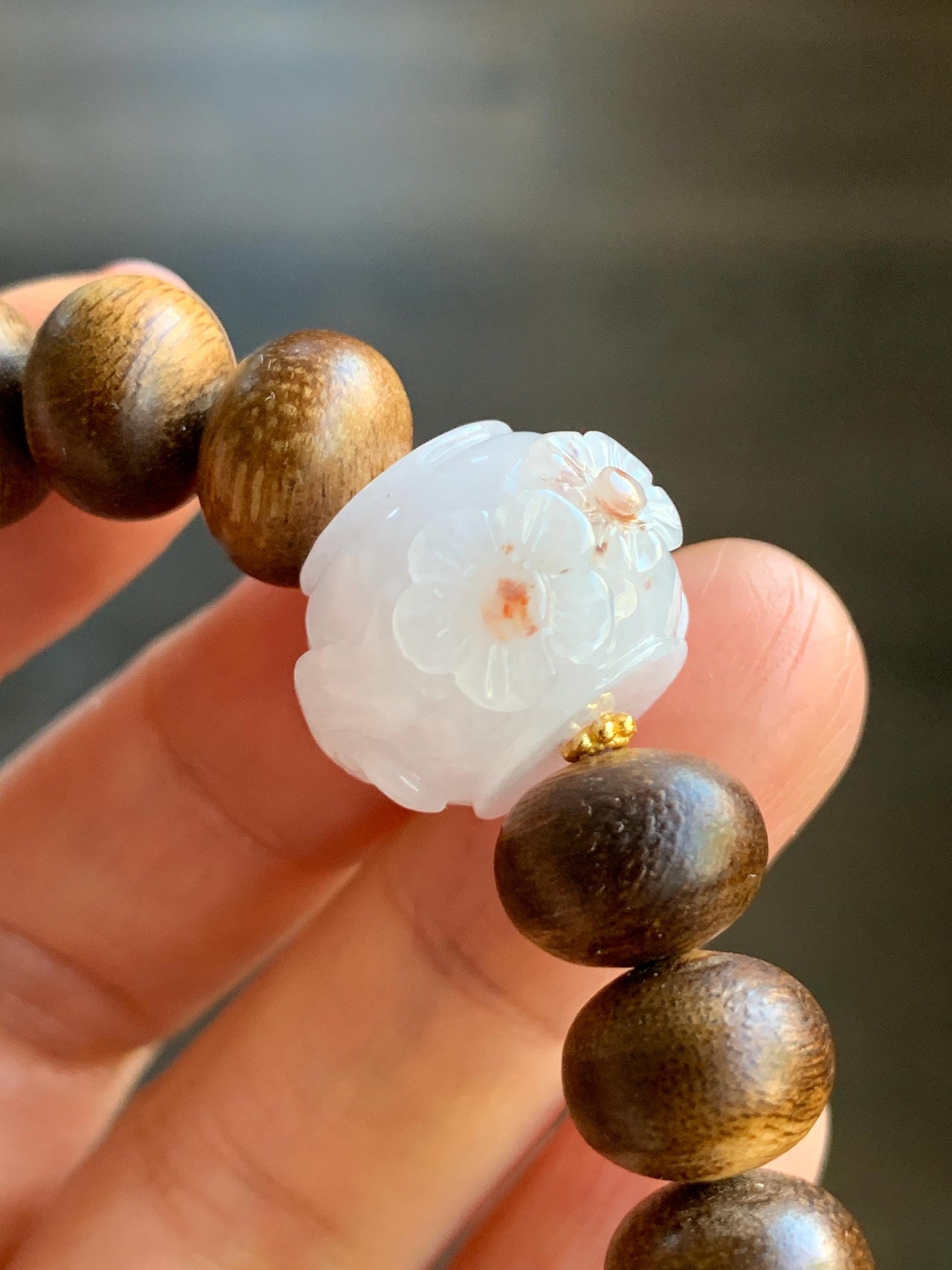 Natural Burmese Icy Translucent Red Marbled Jadeite Carved Cherry Blossom Drum Bead Agarwood Beads Beaded Bracelet 7” 天然缅甸冰粉底飘红翡翠梅花珠印尼沉香鼓珠手串