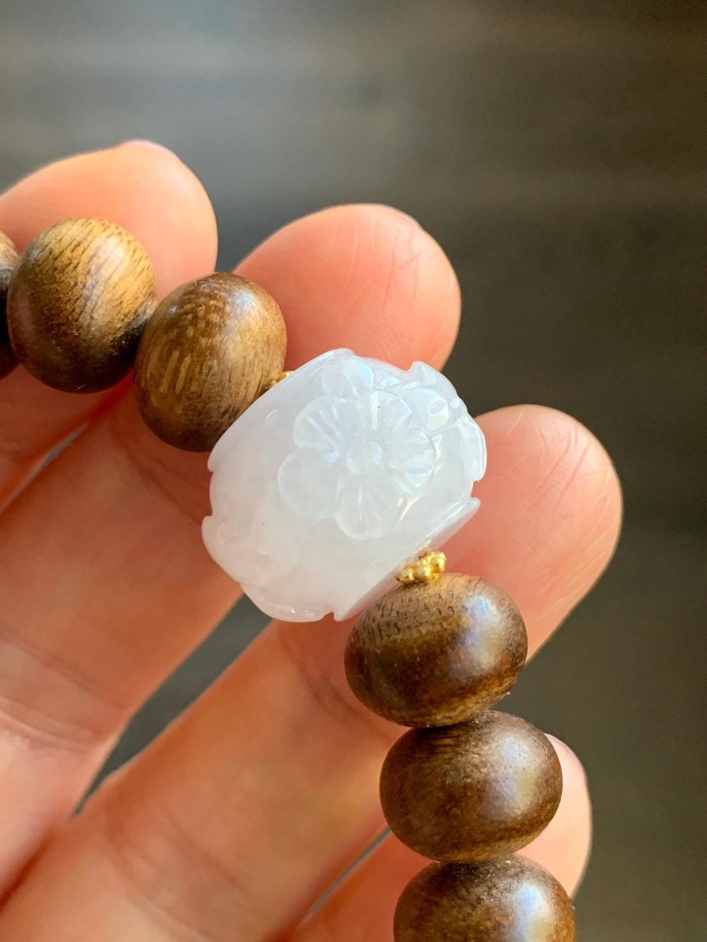 Natural Burmese Icy Translucent Red Marbled Jadeite Carved Cherry Blossom Drum Bead Agarwood Beads Beaded Bracelet 7” 天然缅甸冰粉底飘红翡翠梅花珠印尼沉香鼓珠手串
