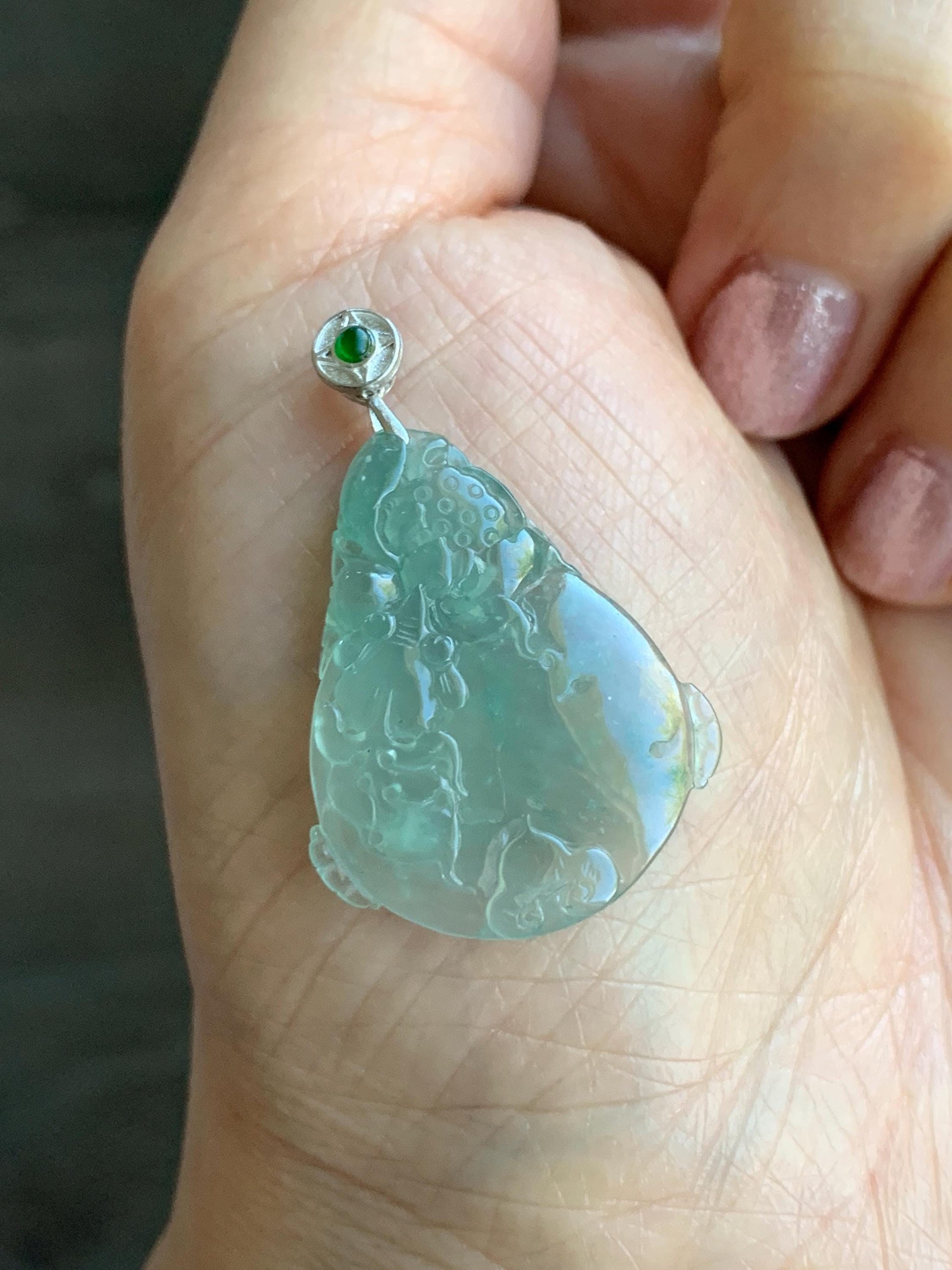 Certified Natural Burmese Premium Icy Light Green Jadeite Lotus Flower Goldfish Ping An Kou Donut Pendant Sterling Silver 天然缅甸冰胶起光晴底翡翠莲花鱼吊坠