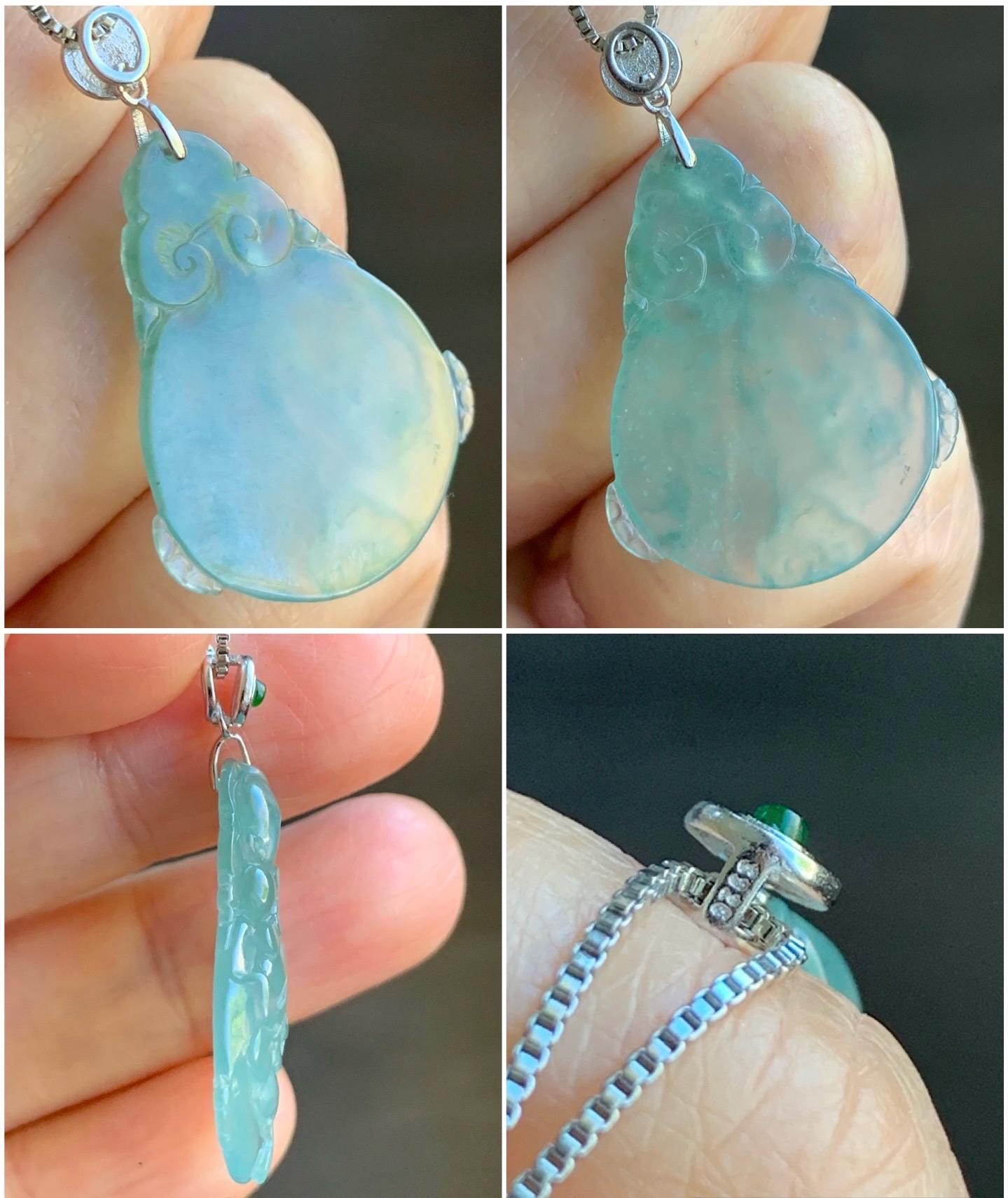 Certified Natural Burmese Premium Icy Light Green Jadeite Lotus Flower Goldfish Ping An Kou Donut Pendant Sterling Silver 天然缅甸冰胶起光晴底翡翠莲花鱼吊坠