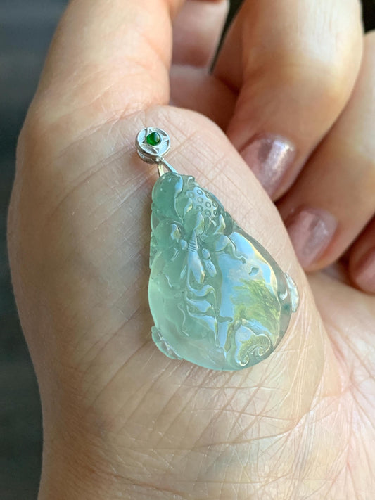 Certified Natural Burmese Premium Icy Light Green Jadeite Lotus Flower Goldfish Ping An Kou Donut Pendant Sterling Silver 天然缅甸冰胶起光晴底翡翠莲花鱼吊坠