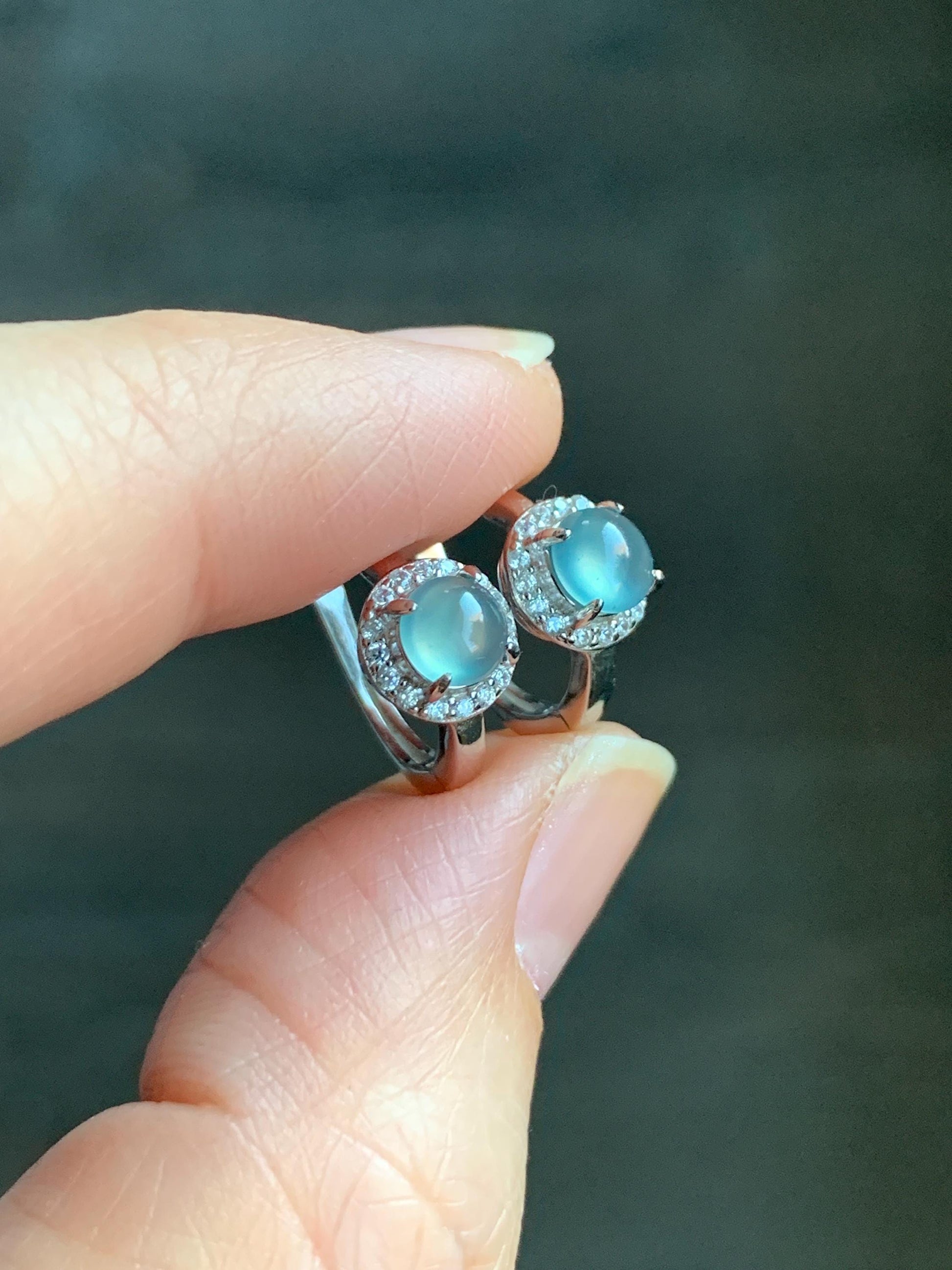 Natural Guatemalan Icy Highly Translucent Light Blue Jadeite Halo Style Huggie Hoop Earrings Sterling Silver 天然冰危起光淡蓝翡翠镶嵌耳包 DLB1028