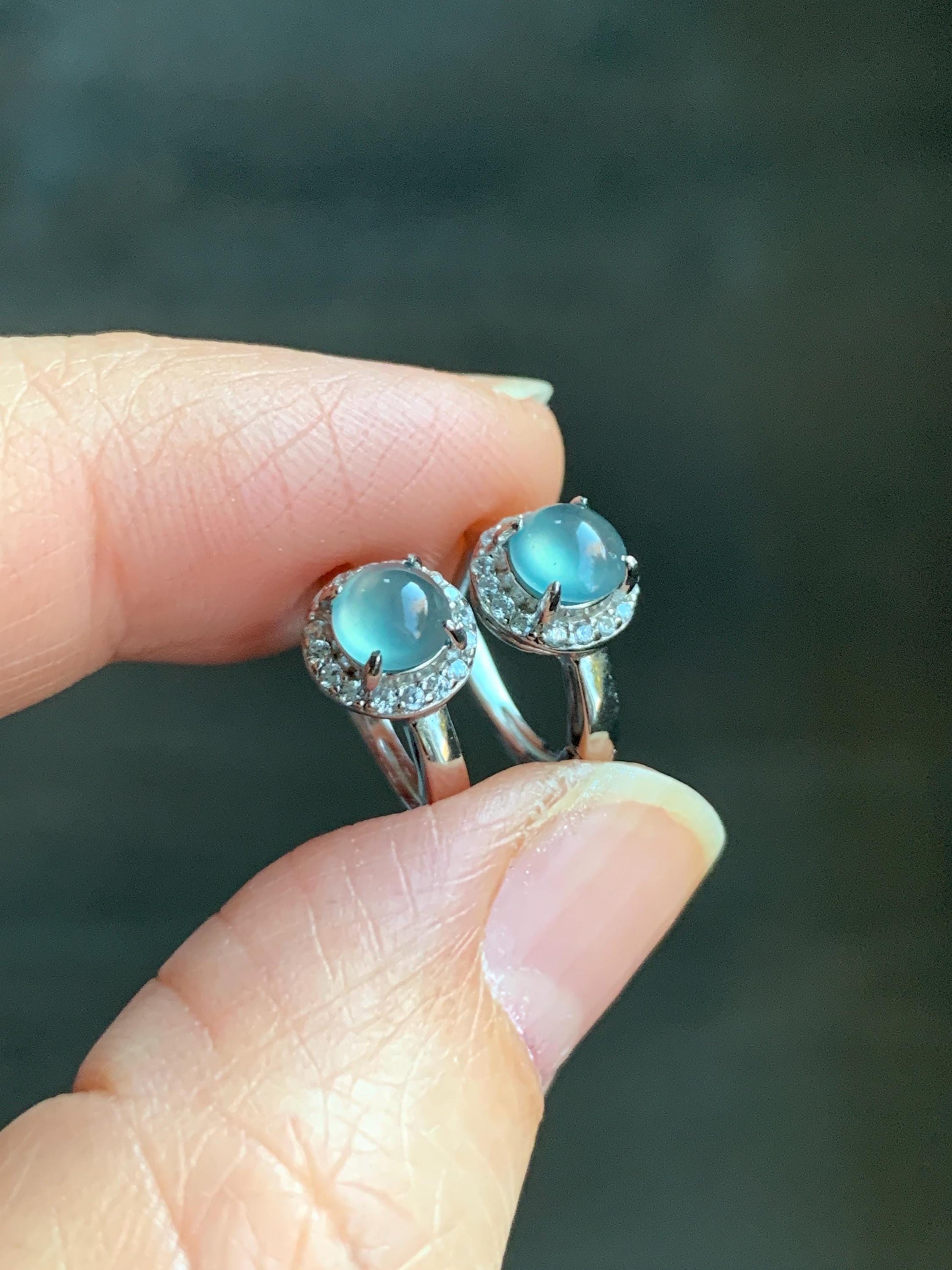 Natural Guatemalan Icy Highly Translucent Light Blue Jadeite Halo Style Huggie Hoop Earrings Sterling Silver 天然冰危起光淡蓝翡翠镶嵌耳包 DLB1028
