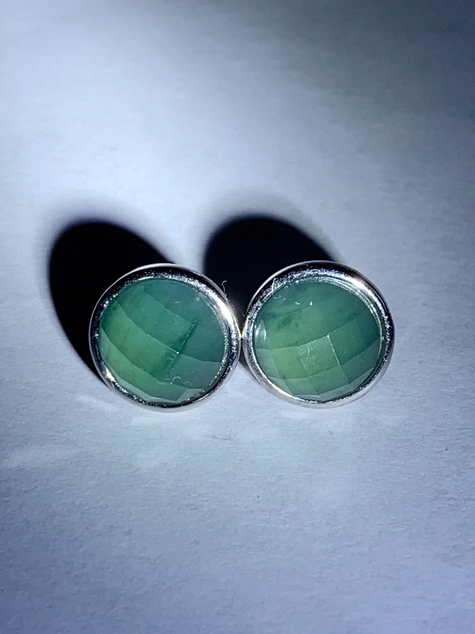 Natural Guatemalan Icy Translucent Teal Blue Jadeite Faceted Round Cabochon Stud Earrings S925 Sterling Silver 天然冰危蓝翡翠切割面银镶耳钉