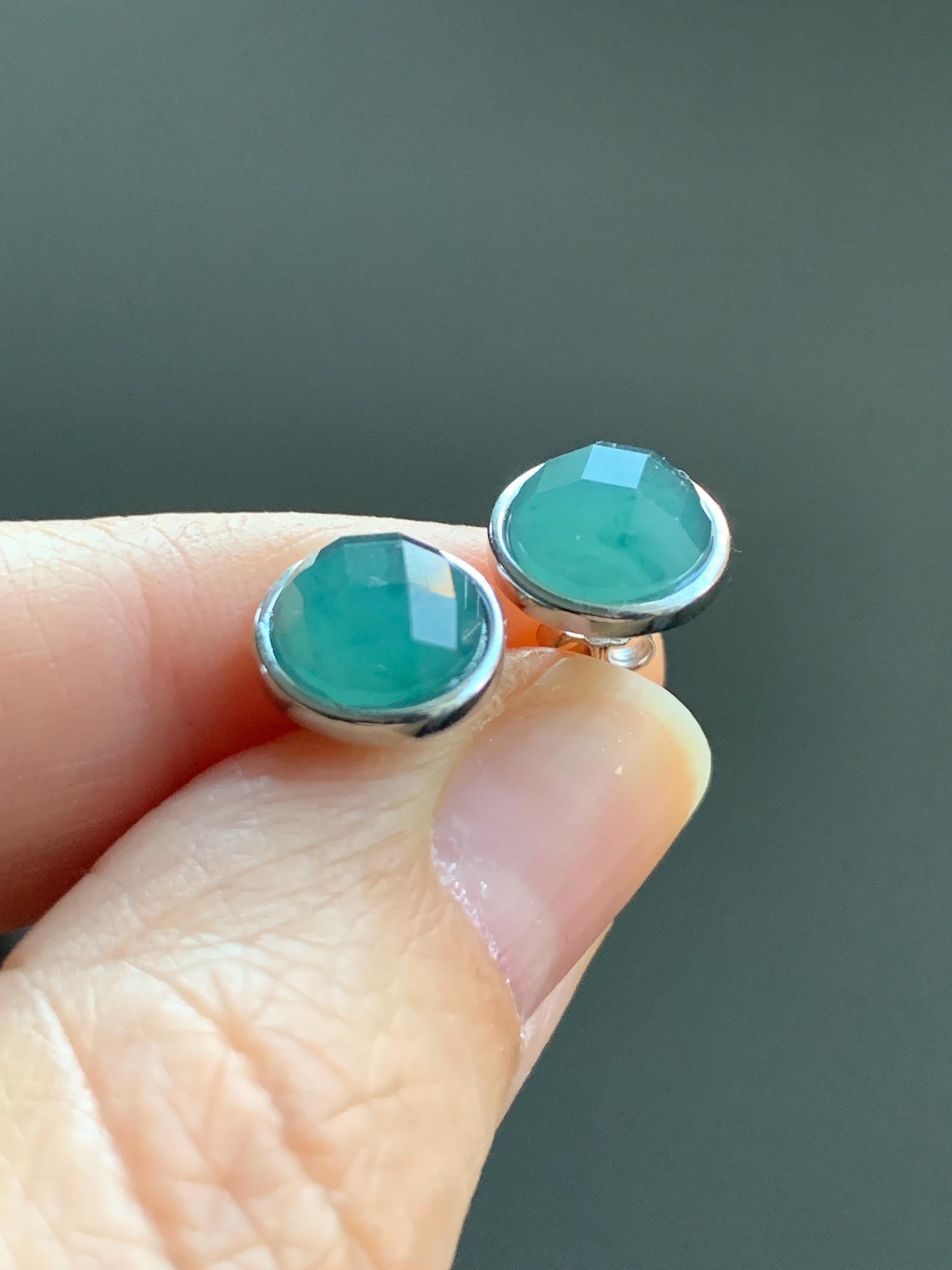 Natural Guatemalan Icy Translucent Teal Blue Jadeite Faceted Round Cabochon Stud Earrings S925 Sterling Silver 天然冰危蓝翡翠切割面银镶耳钉