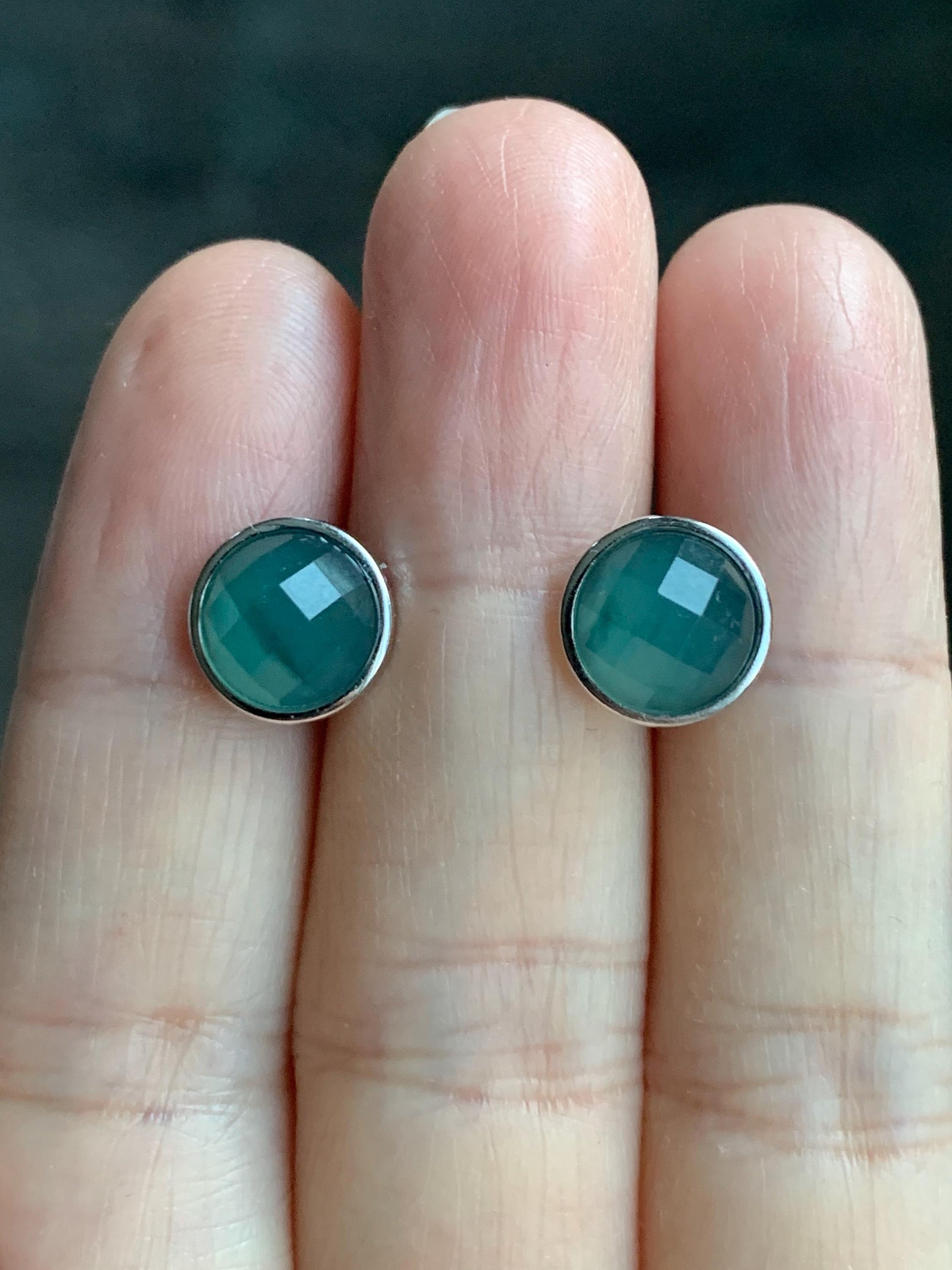 Natural Guatemalan Icy Translucent Teal Blue Jadeite Faceted Round Cabochon Stud Earrings S925 Sterling Silver 天然冰危蓝翡翠切割面银镶耳钉