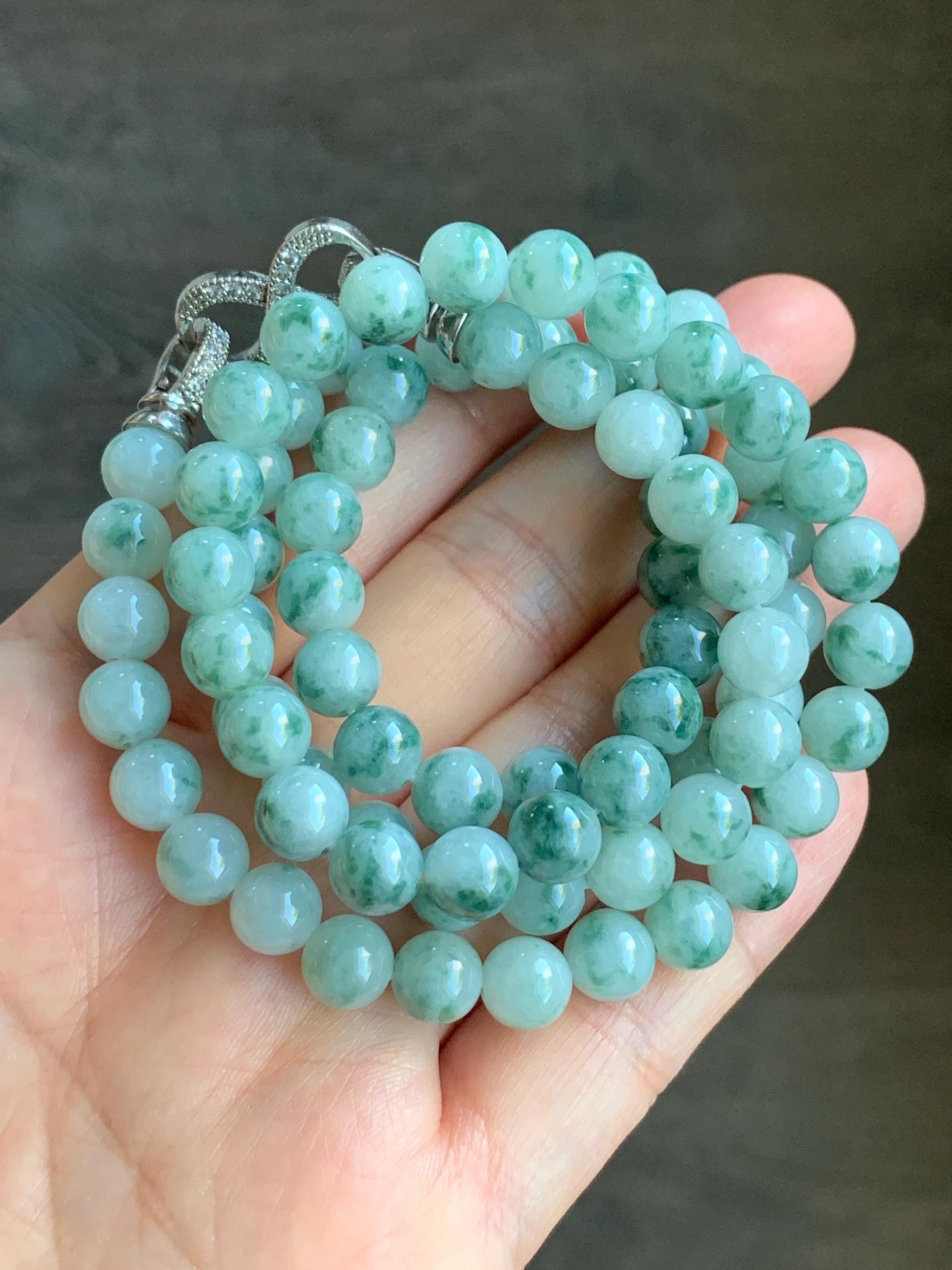 Certified Natural Burmese Icy Translucent Gelatinous Light Green Marbled Jadeite Beads Beaded Necklace 7.4mm 25” 61g 天然缅甸冰胶飘花翡翠圆珠长串项链 3006