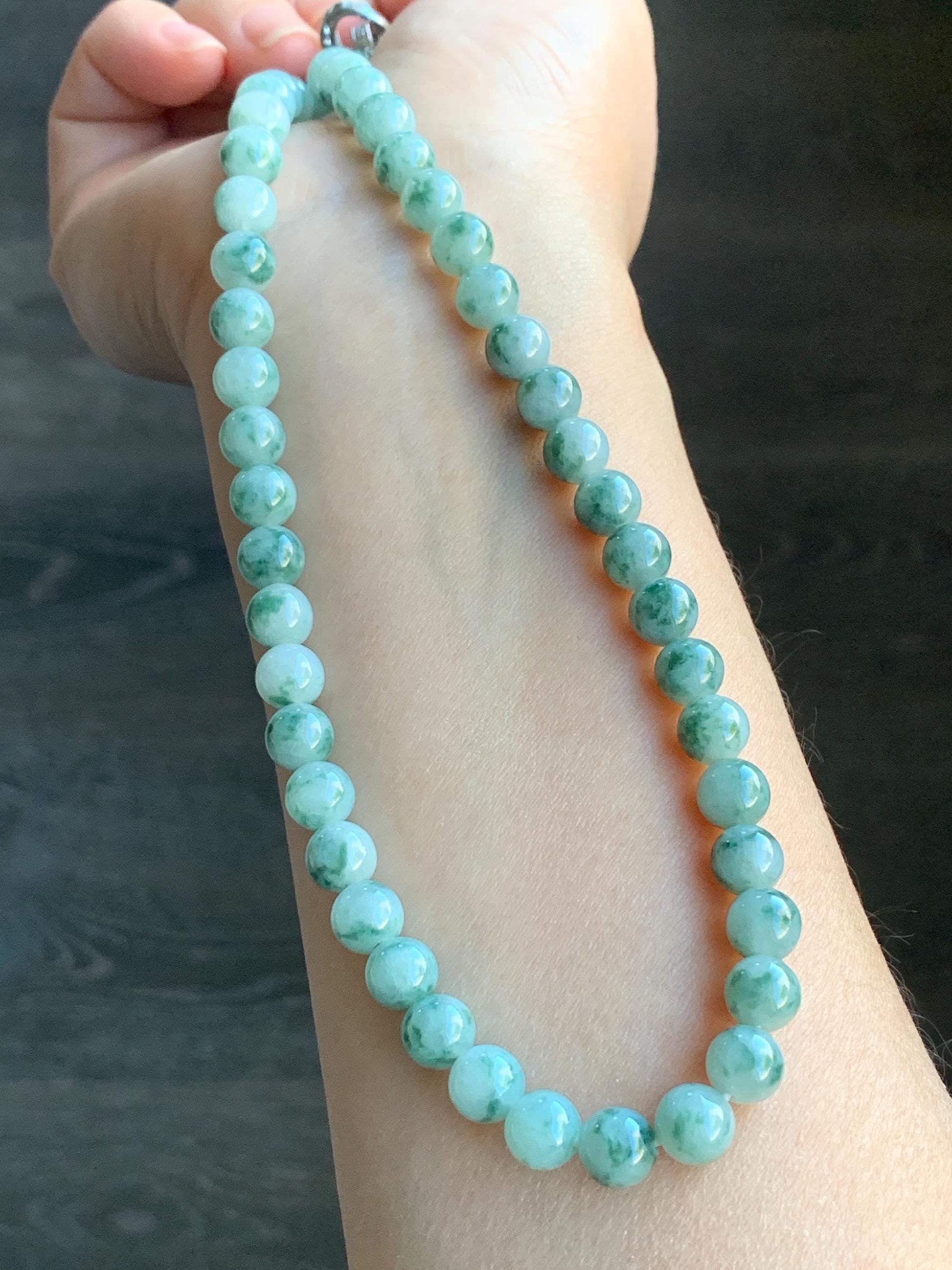 Certified Natural Burmese Icy Translucent Gelatinous Light Green Marbled Jadeite Beads Beaded Necklace 7.4mm 25” 61g 天然缅甸冰胶飘花翡翠圆珠长串项链 3006