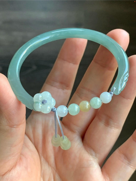 Natural Guatemalan Icy Translucent Light Dusty Teal Blue Jadeite Open Skinny Bangle Beaded Bracelet 54.7mm 6.75” 17g 天然冰危淡蓝翡翠开口镯手串 HBS123