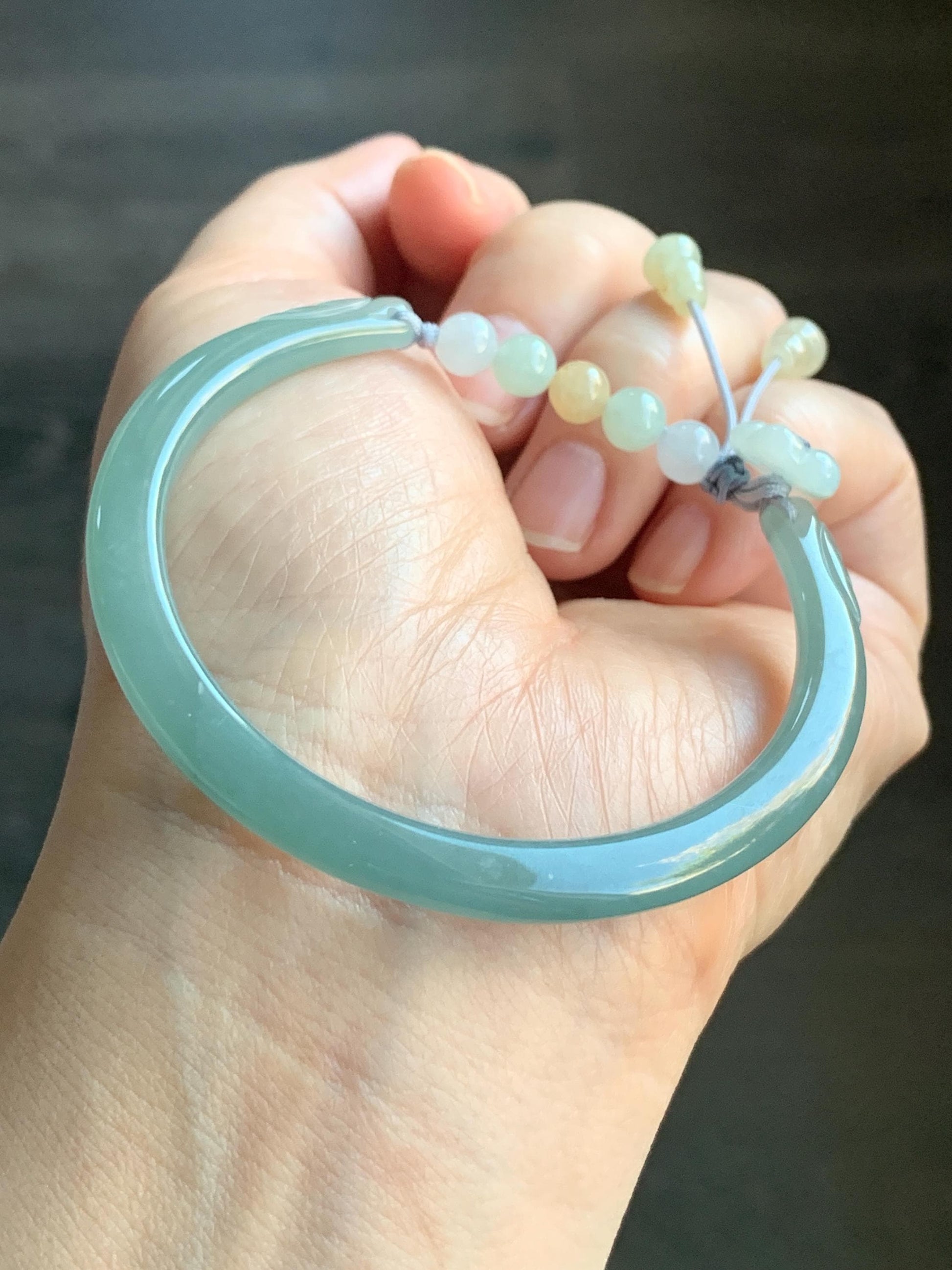 Natural Guatemalan Icy Translucent Light Dusty Teal Blue Jadeite Open Skinny Bangle Beaded Bracelet 54.7mm 6.75” 17g 天然冰危淡蓝翡翠开口镯手串 HBS123