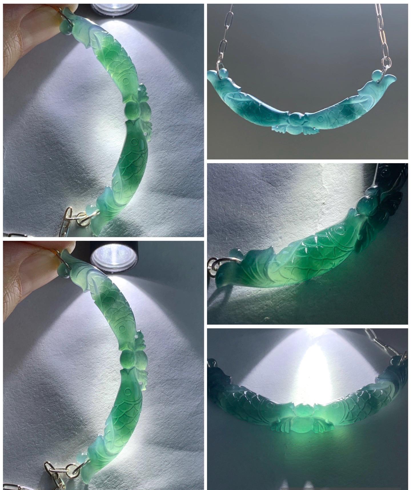 Natural Guatemalan Icy Translucent Deep Teal Blue Jadeite Double Fish Crescent Pendant 999 Sterling Silver Necklace 20” 天然冰胶危料湖水蓝翡翠双鱼玉横足银项链